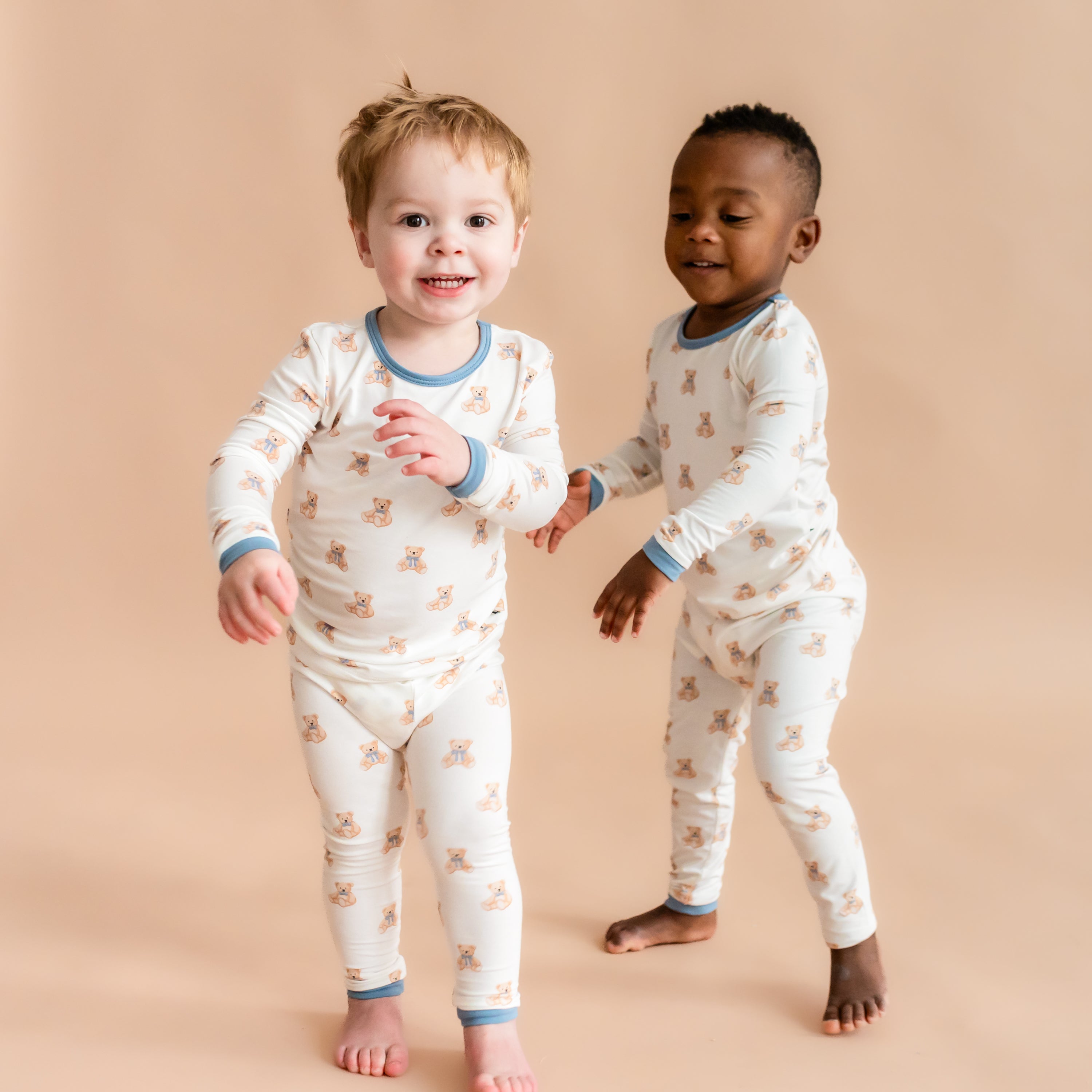Toddler boys wearing Long Sleeve bamboo Pajamas in Teddy Bear