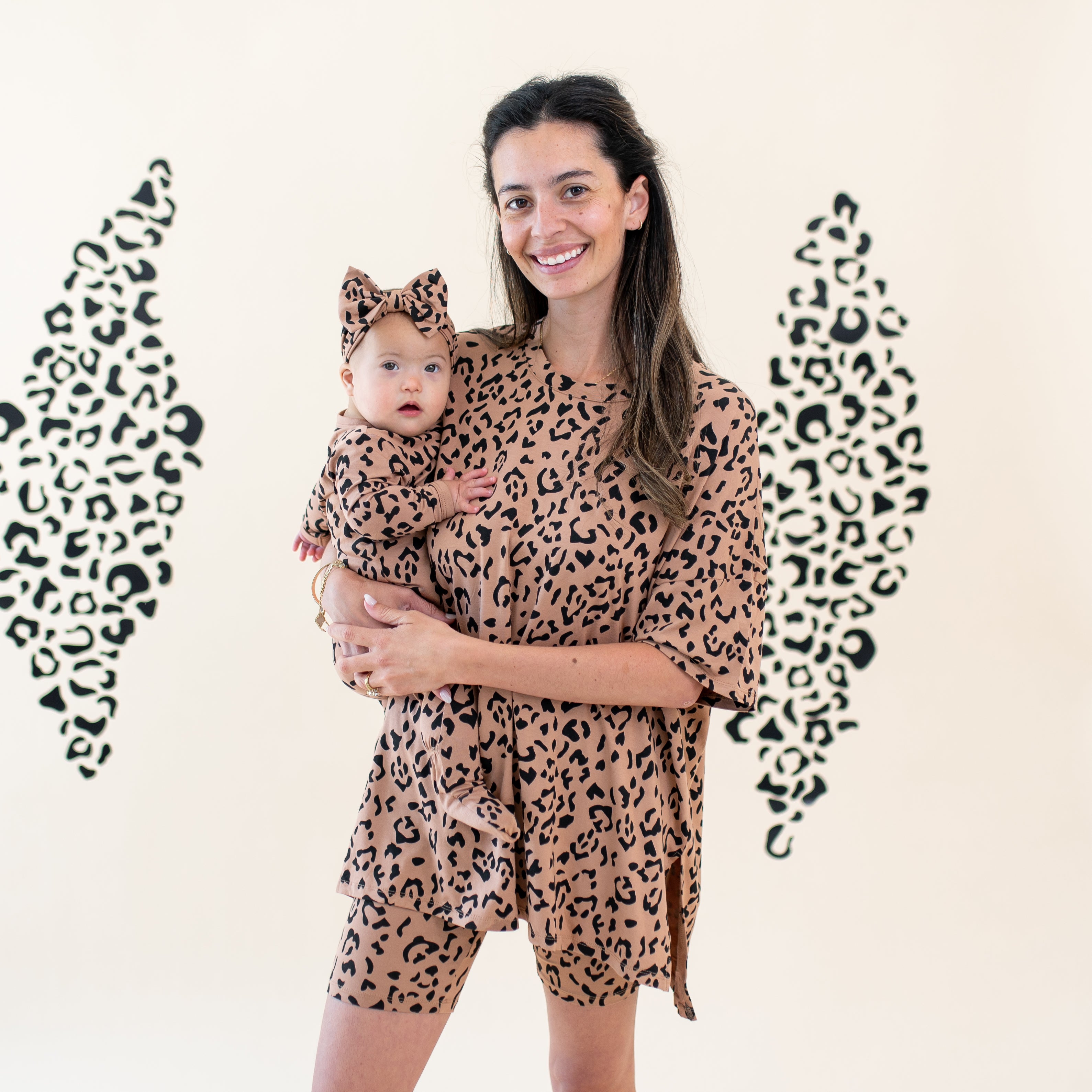 Mom and daughter wearing matching Mommy and Me outfits in Latte Leopard