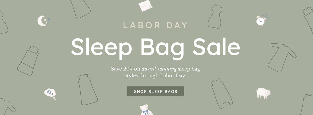 Labor Day Sleep Bag Sale promotional banner with white text on a muted sage green background, surrounded by small line drawings of sleep-related items like a pillow, clock, and sheep. A dark green button reads 'SHOP SLEEP BAGS'.