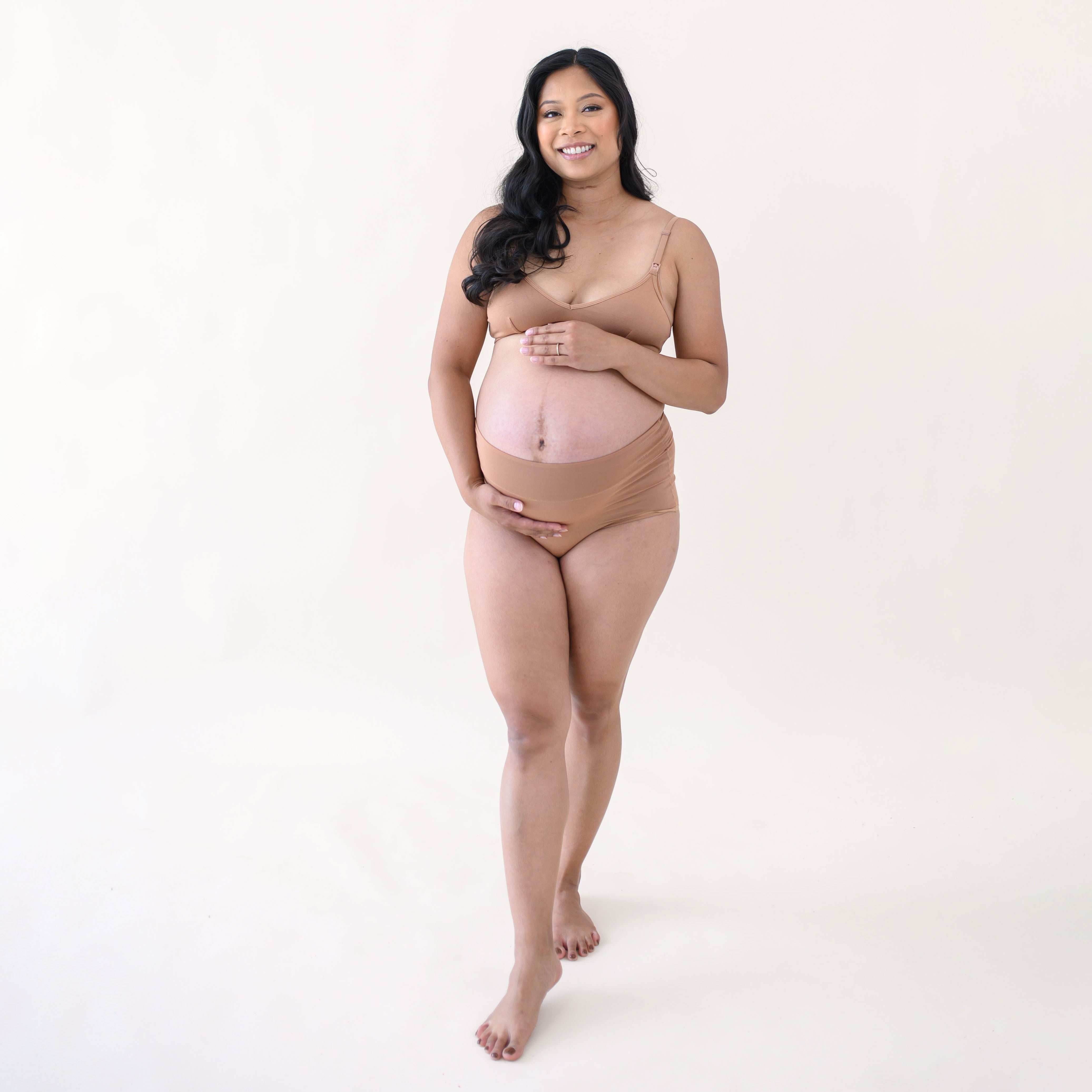 Woman modeling Women's High-Waisted Brief in Latte and nursing bra