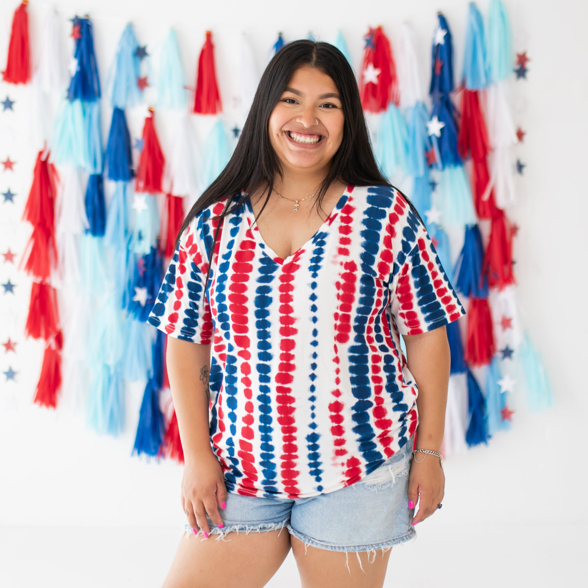 Woman modeling Women’s Relaxed Fit V-Neck in Liberty Rip Tide