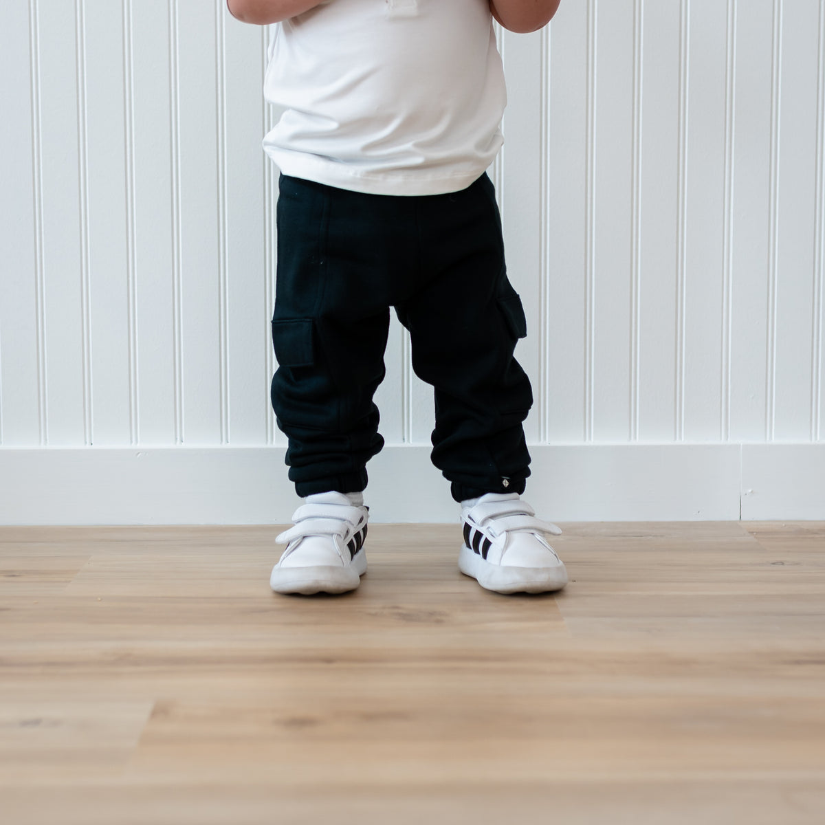 Fleece Cargo Pants in Midnight shown on a young toddler