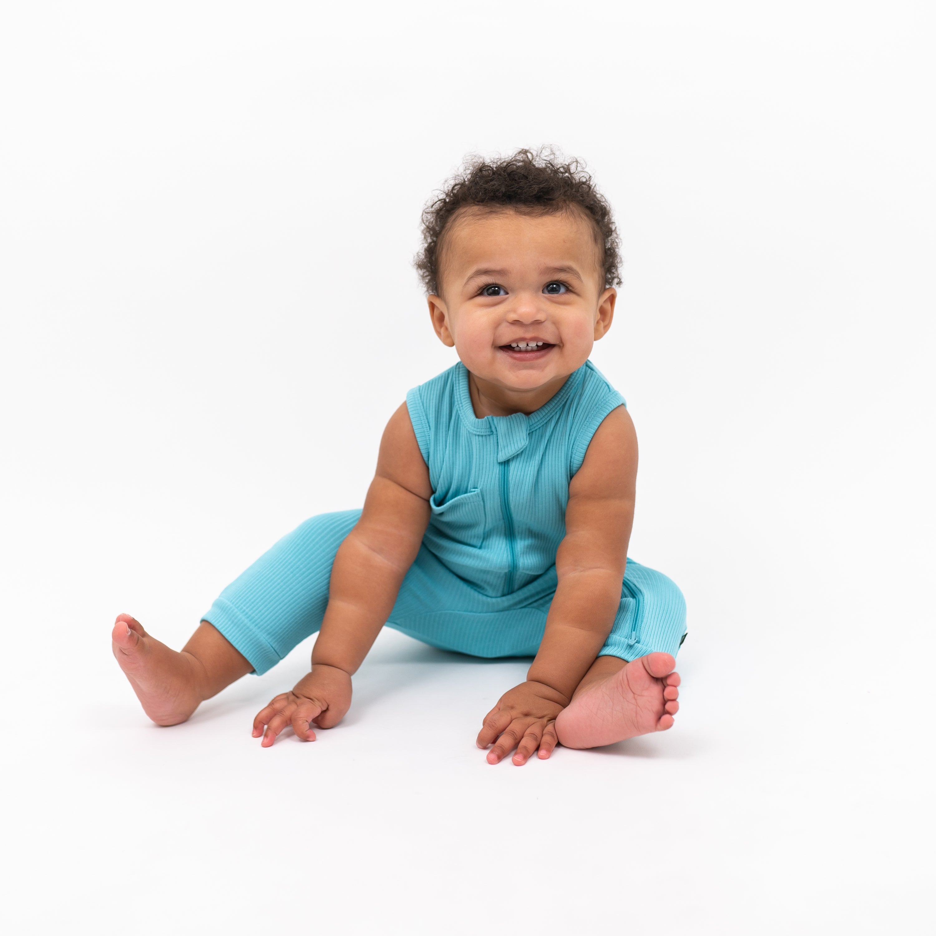 Toddler wearing Ribbed Zippered Sleeveless Kid's Romper in Makai