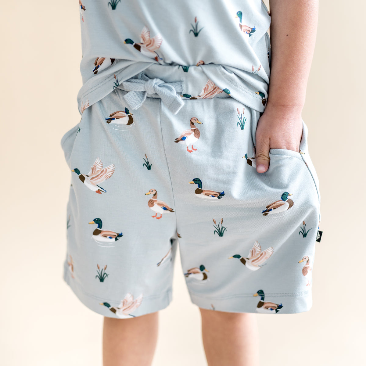 Close up of the Drawstring Short in Mallard Duck showing the side pockets and drawstring waistband