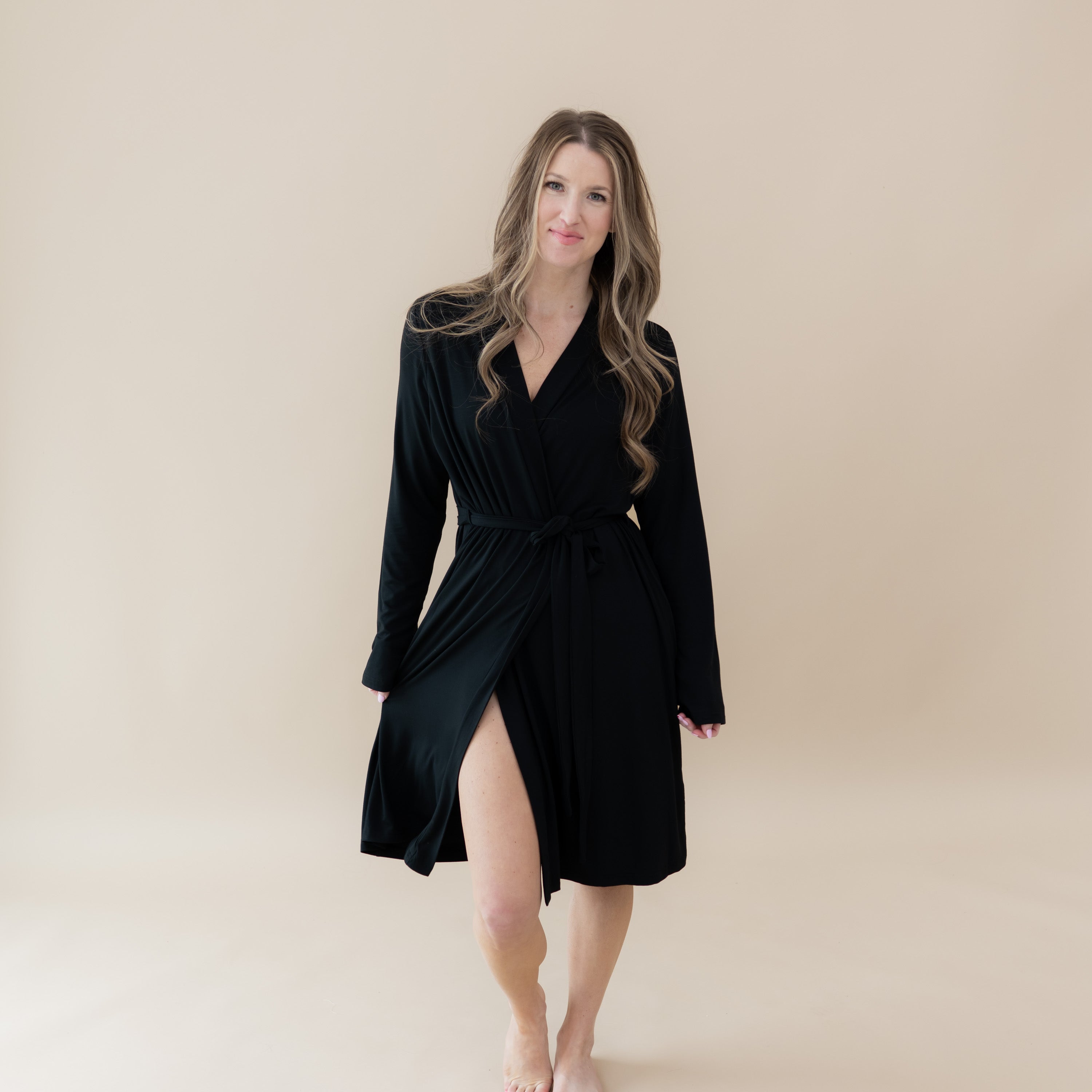 Woman modeling Women’s Lounge Robe in Midnight