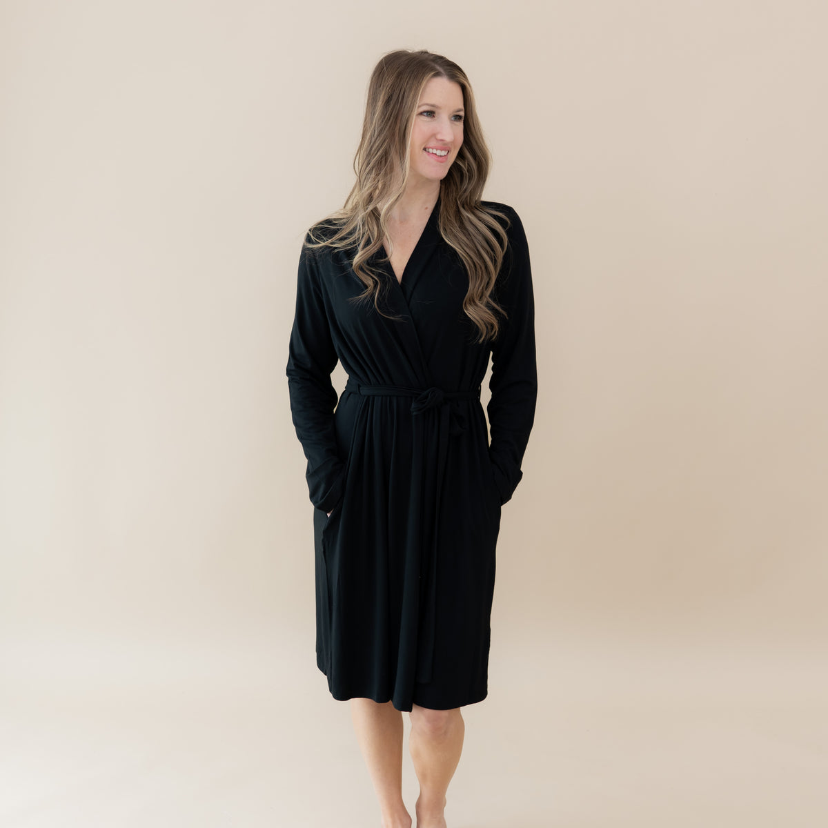 Woman modeling Women’s Lounge Robe in Midnight