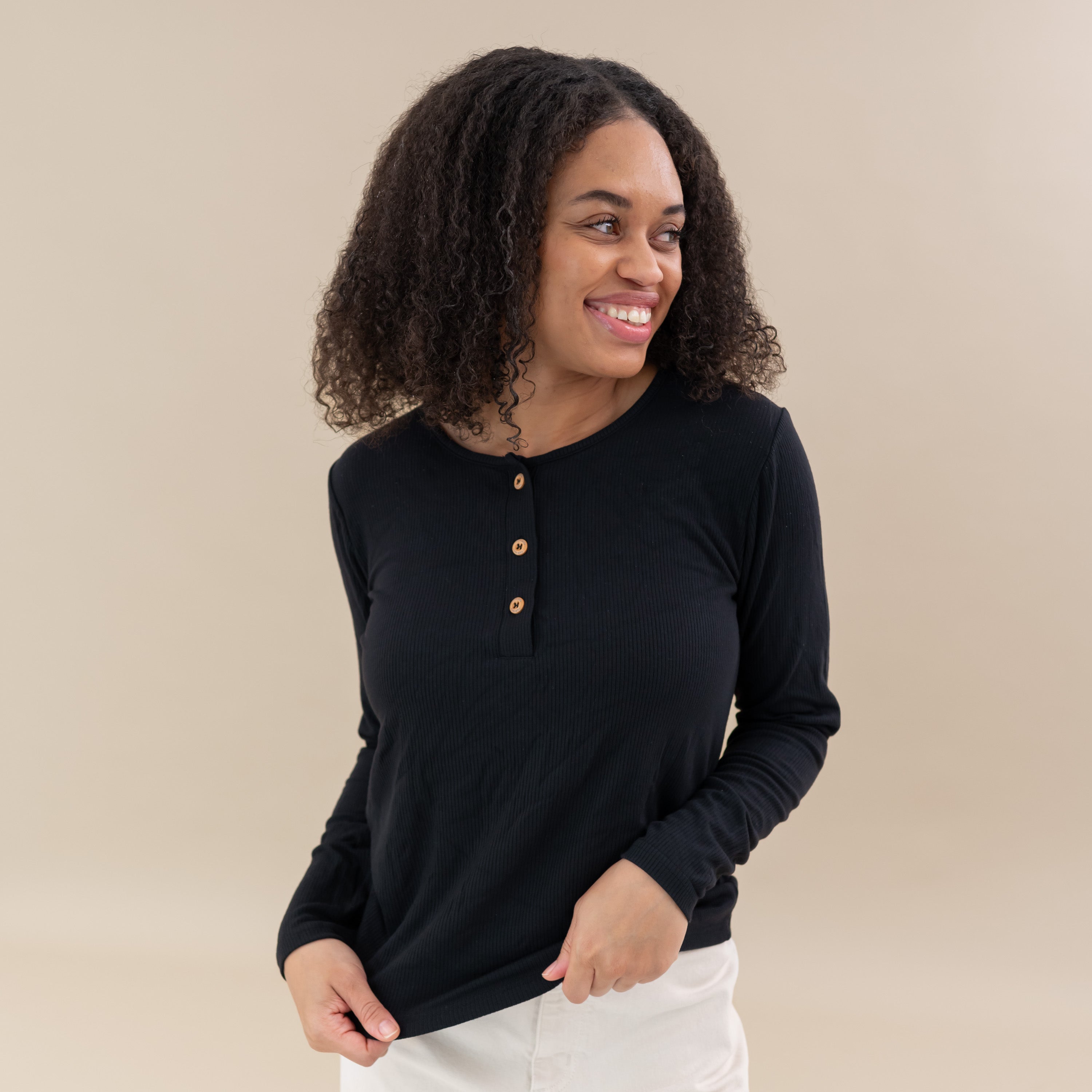 Woman modeling Women's Ribbed Henley Top in Midnight