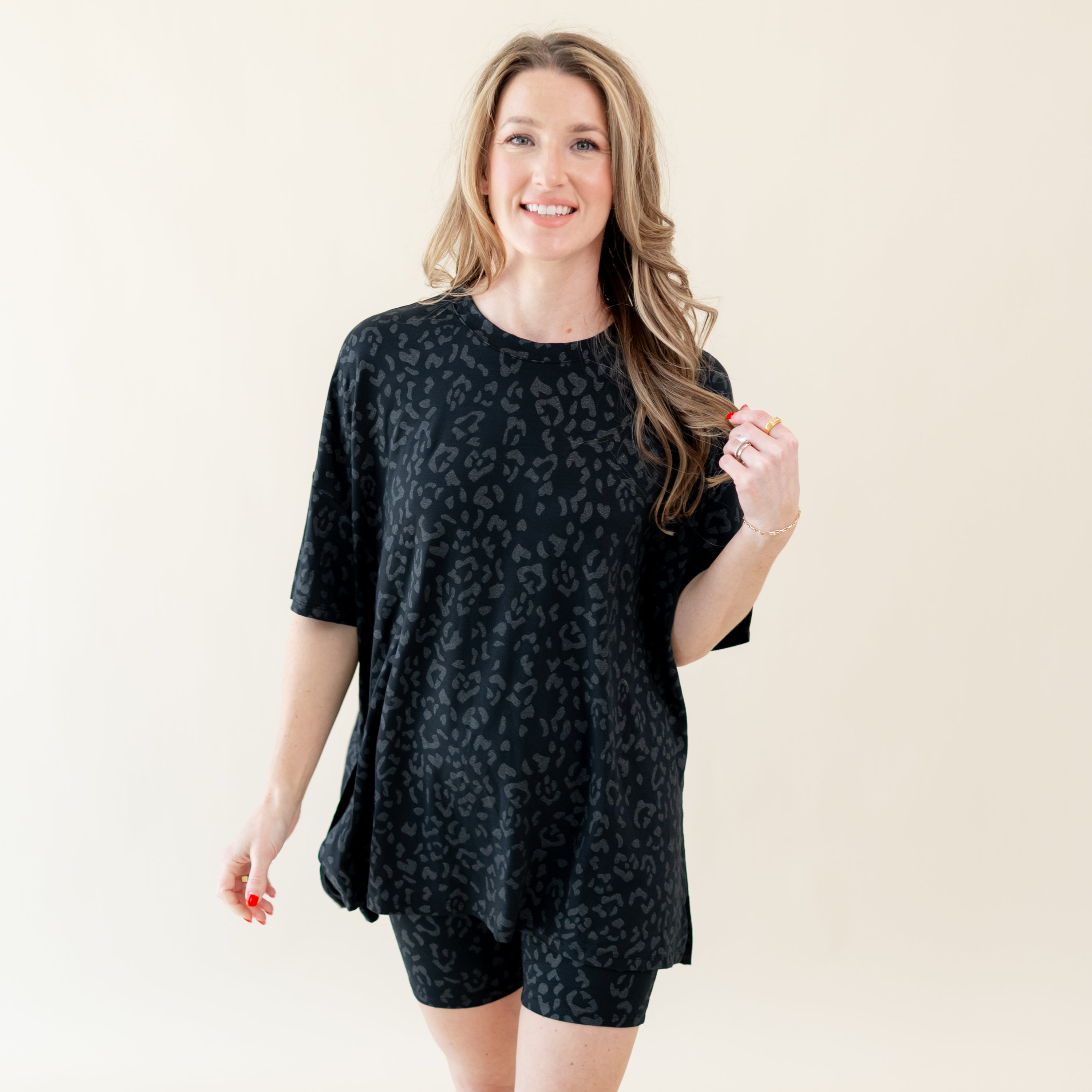 Woman modeling Women’s Biker Short Set in Midnight Leopard