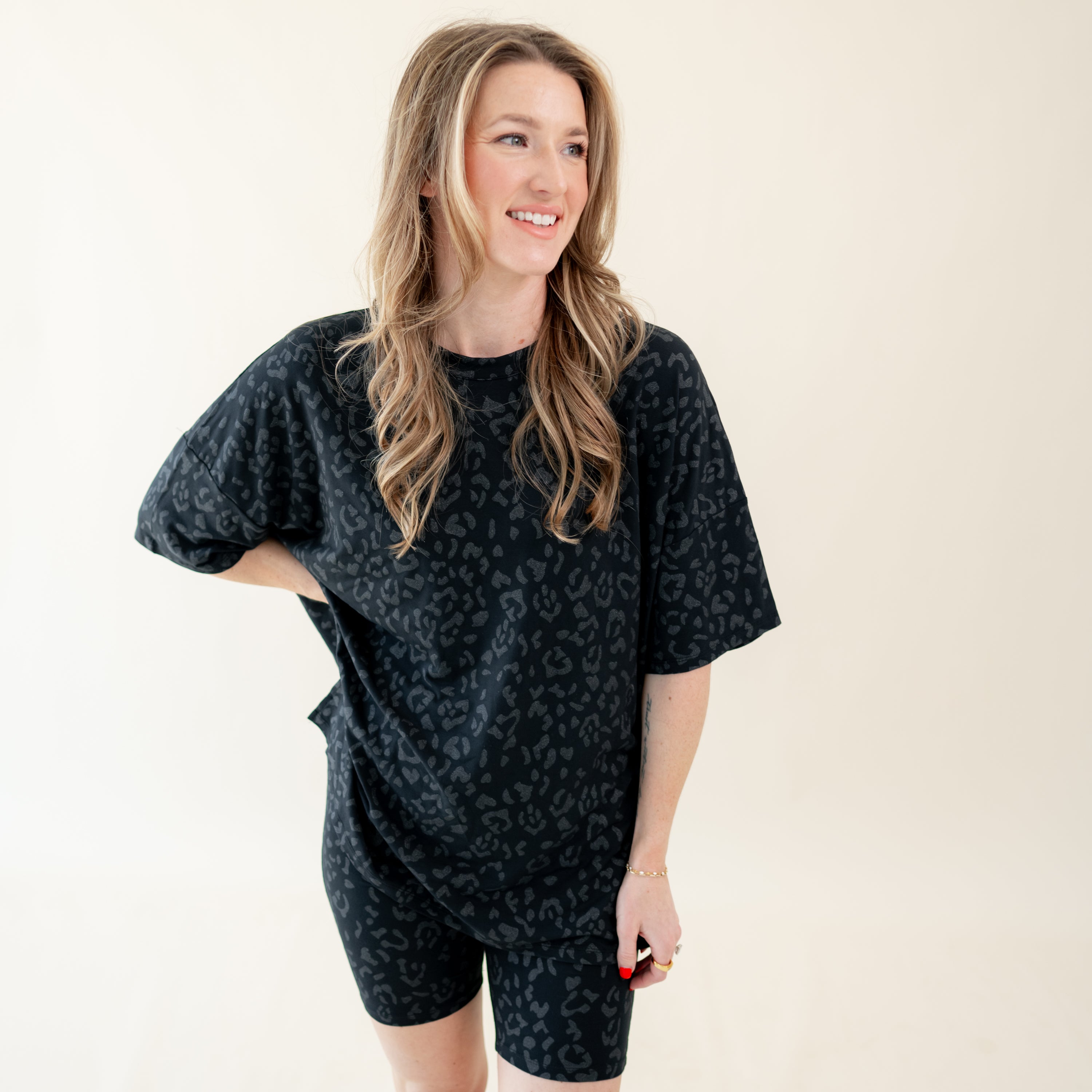 Woman modeling Women’s Biker Short Set in Midnight Leopard