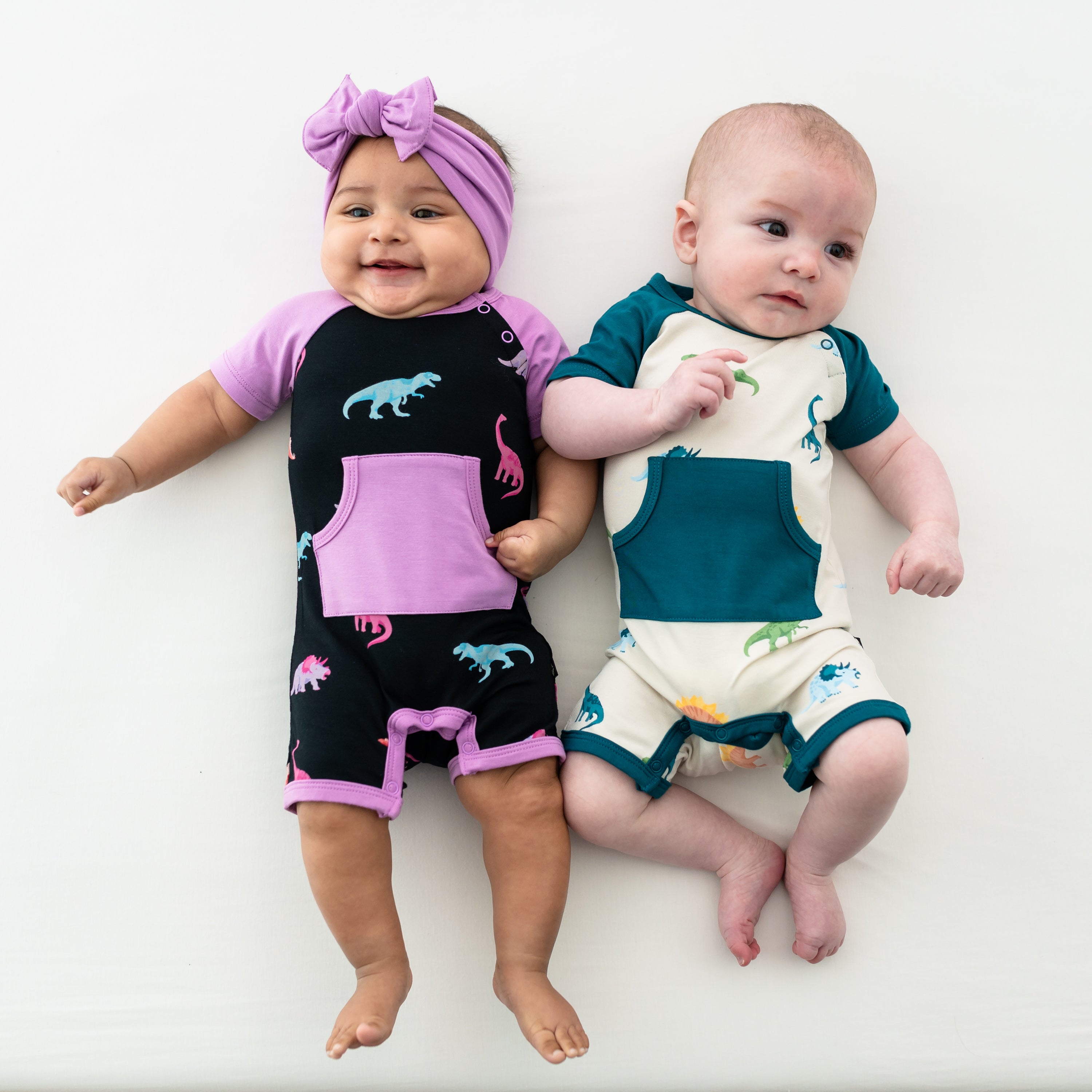 Two models in Shortalls. One wearing Midnight Roar with the other wearing Ecru Roar