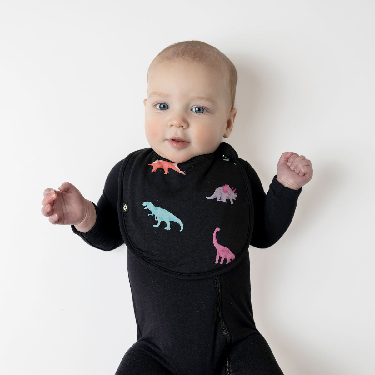 Baby in Midnight Romper and Midnight Roar Cushy Bib