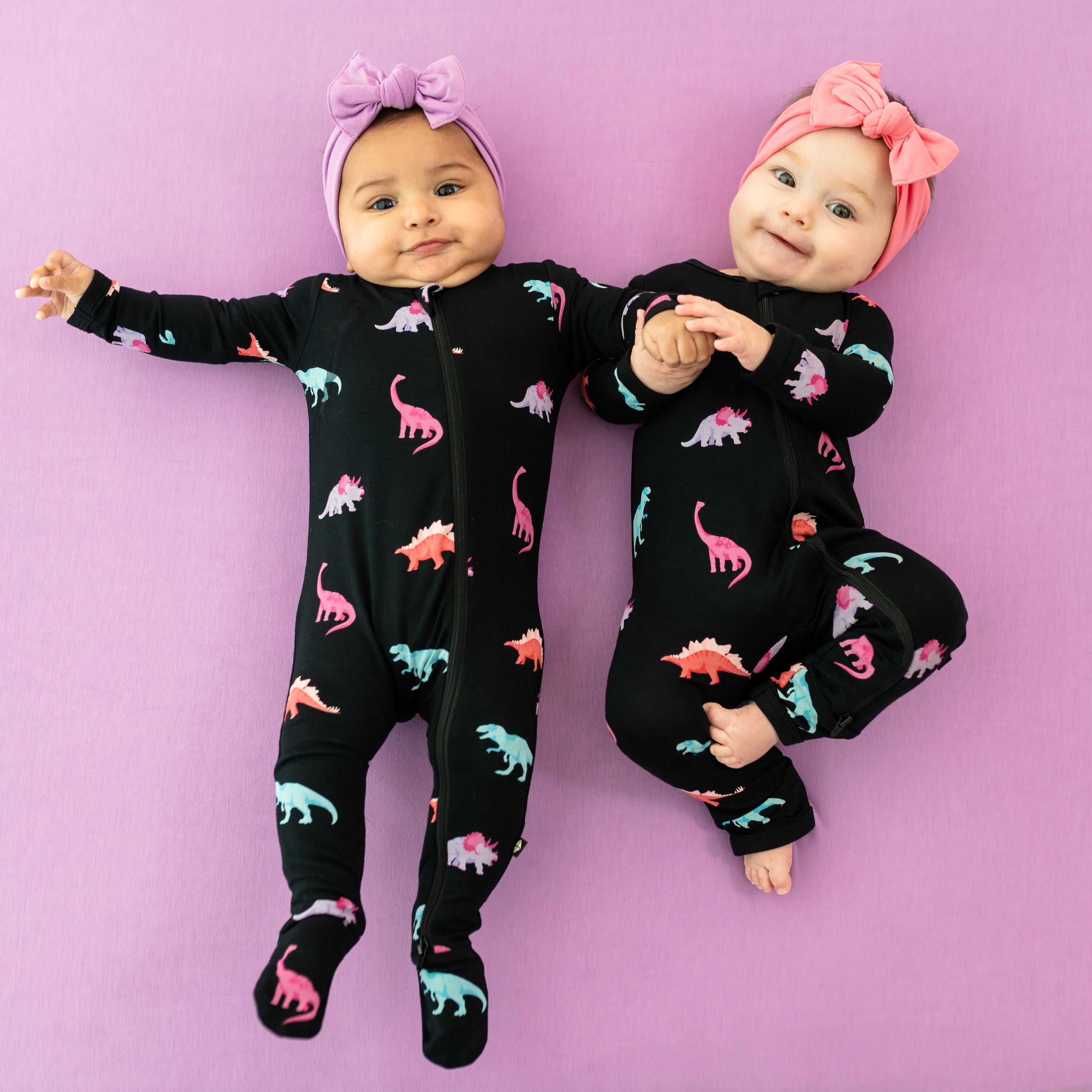2 babies in midnight roar zippered footie and zippered romper