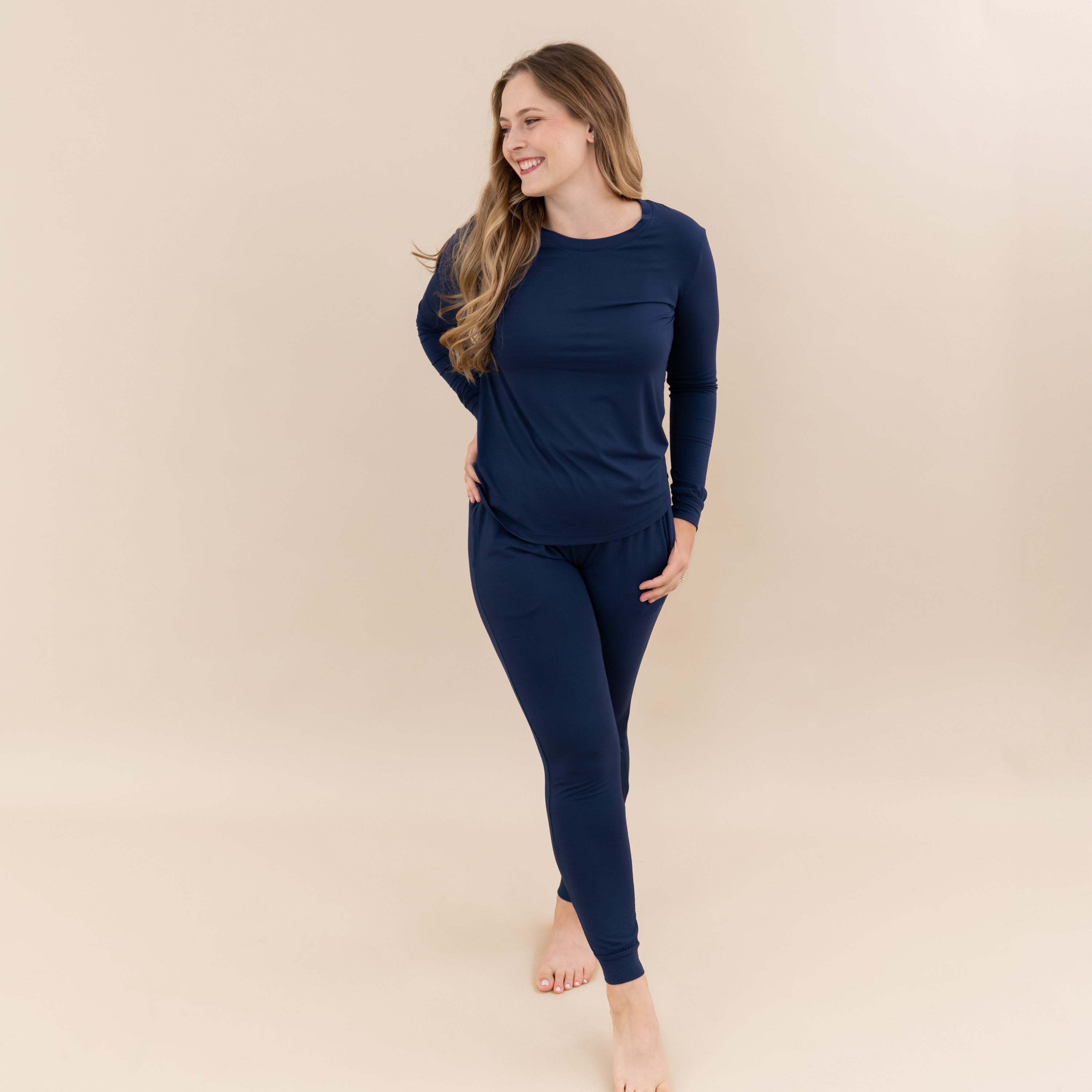 Woman modeling Women's Jogger Pajama Set in Navy