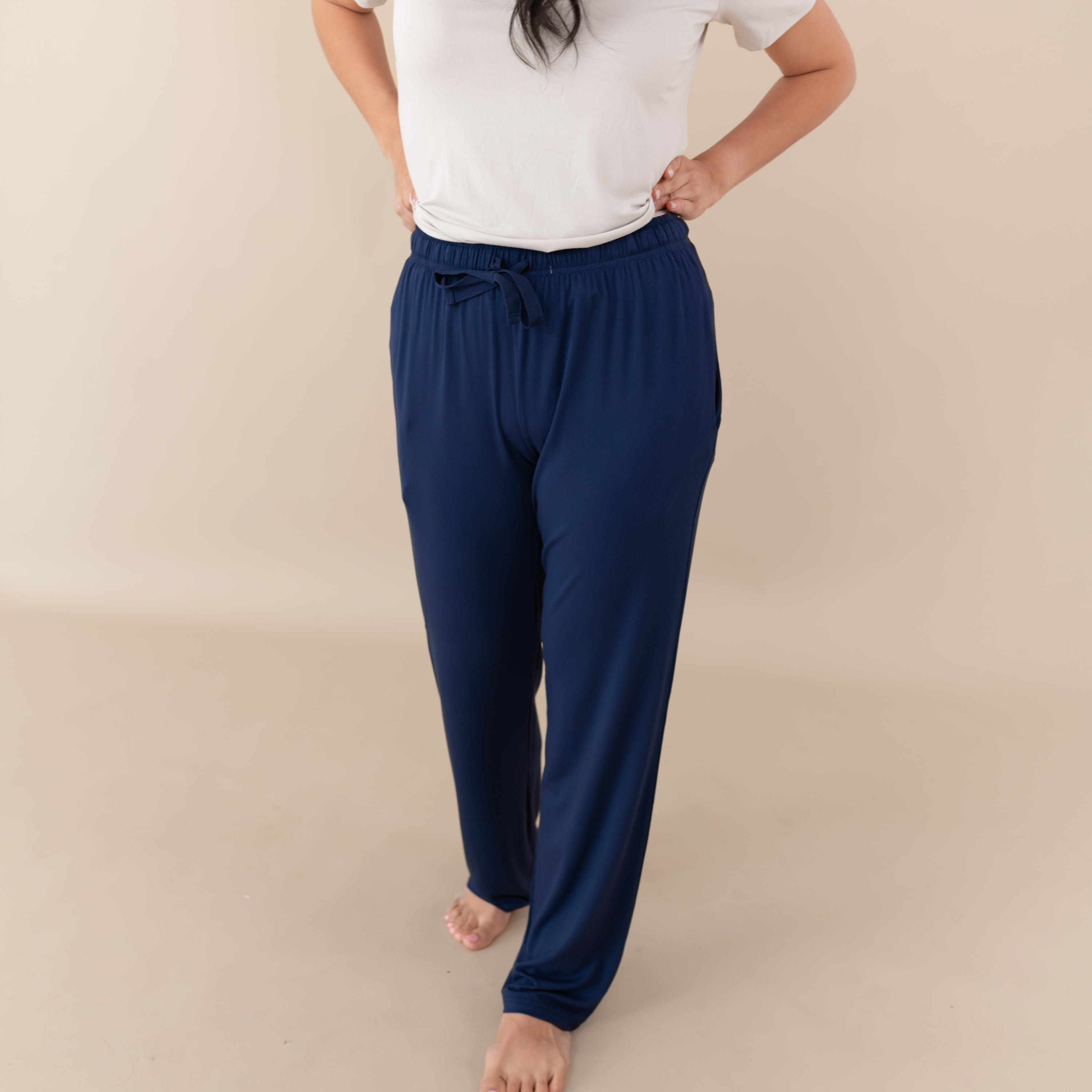 Woman modeling Women's Lounge Pants in Navy close up on pant
