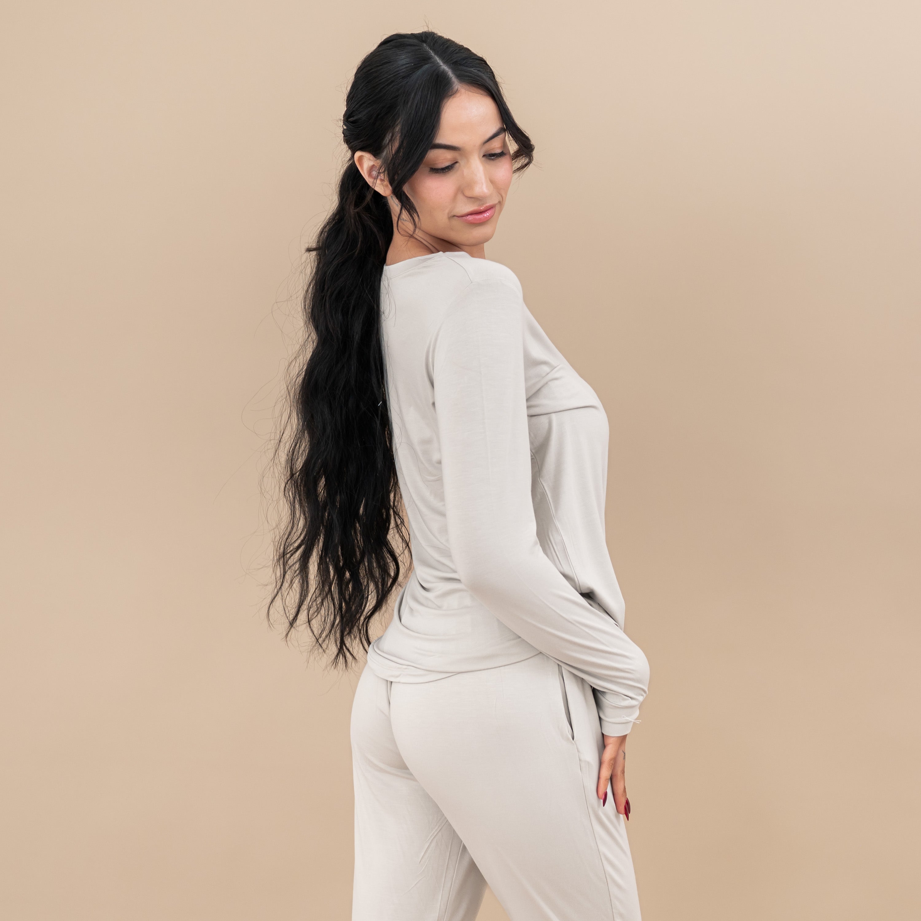 Woman wearing Long Sleeve Jogger Pajama Set in Oat