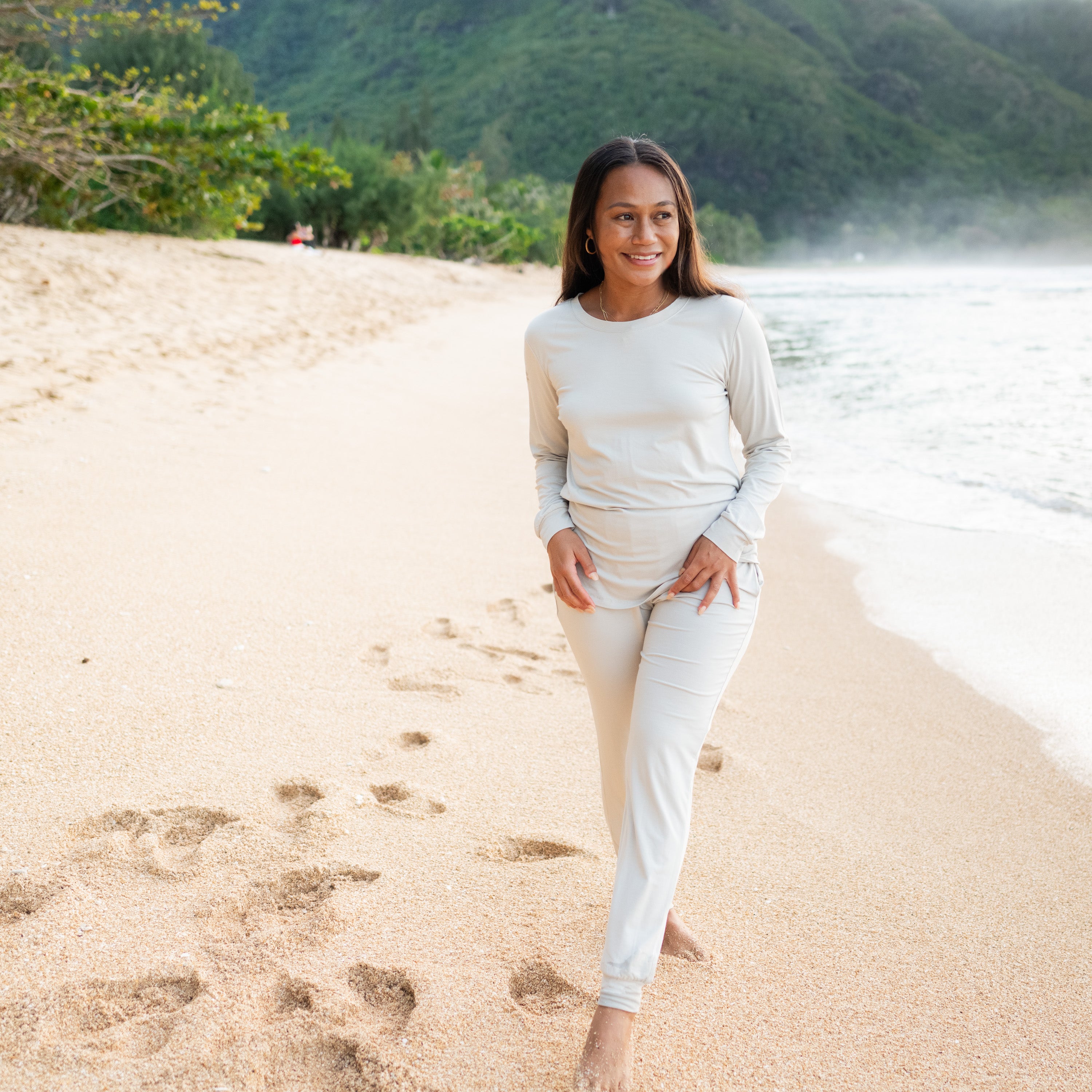 Woman wearing Women's Jogger Pajamas with Long Sleeve Top in Oat