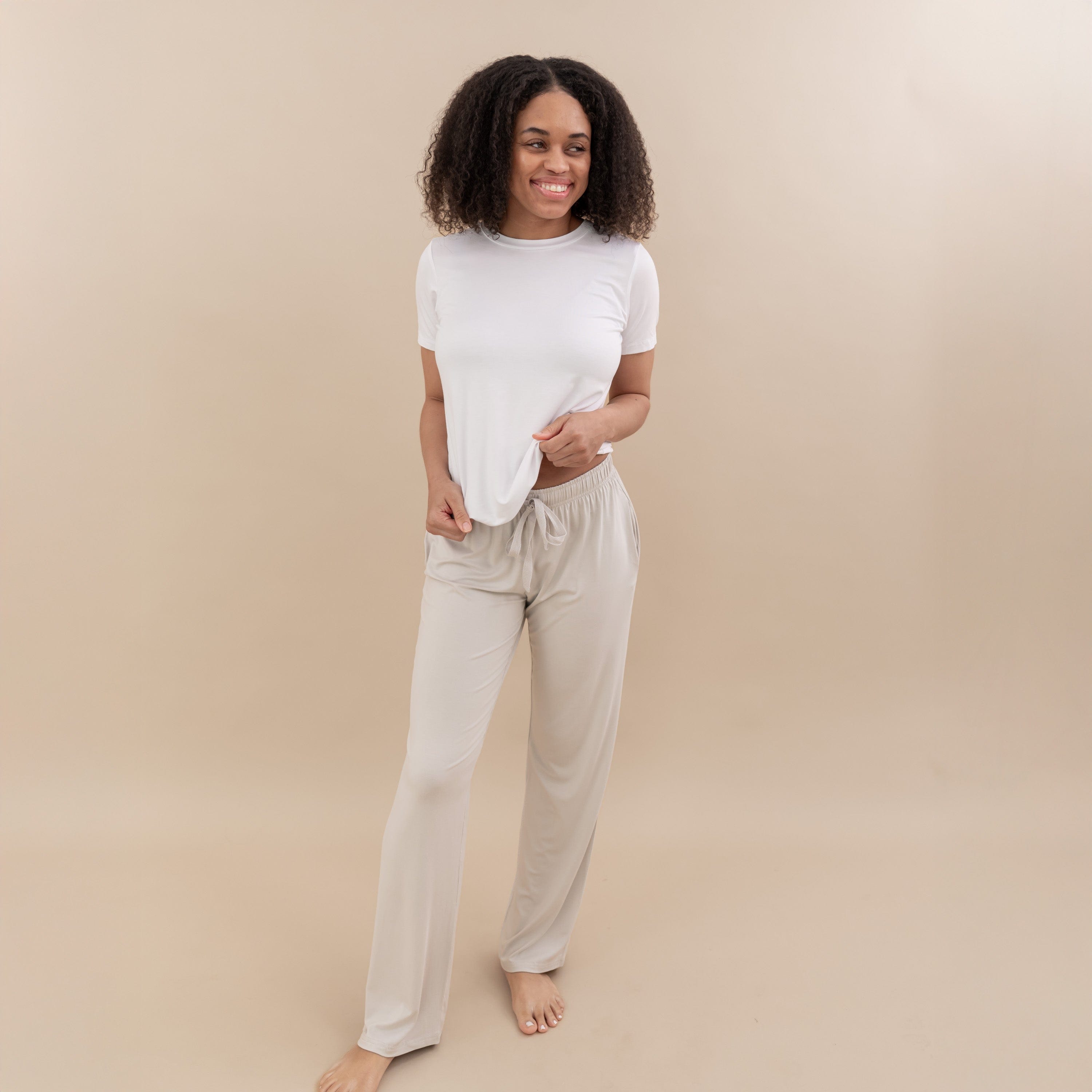 Woman modeling Women’s Lounge pant in oat