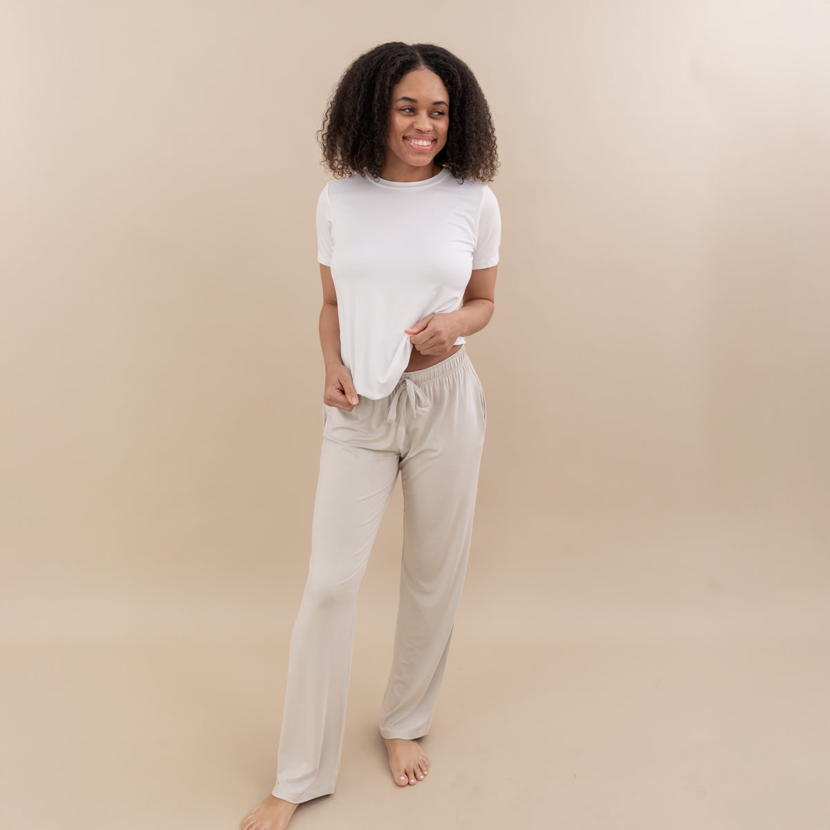 Woman modeling Women’s Lounge pant in oat