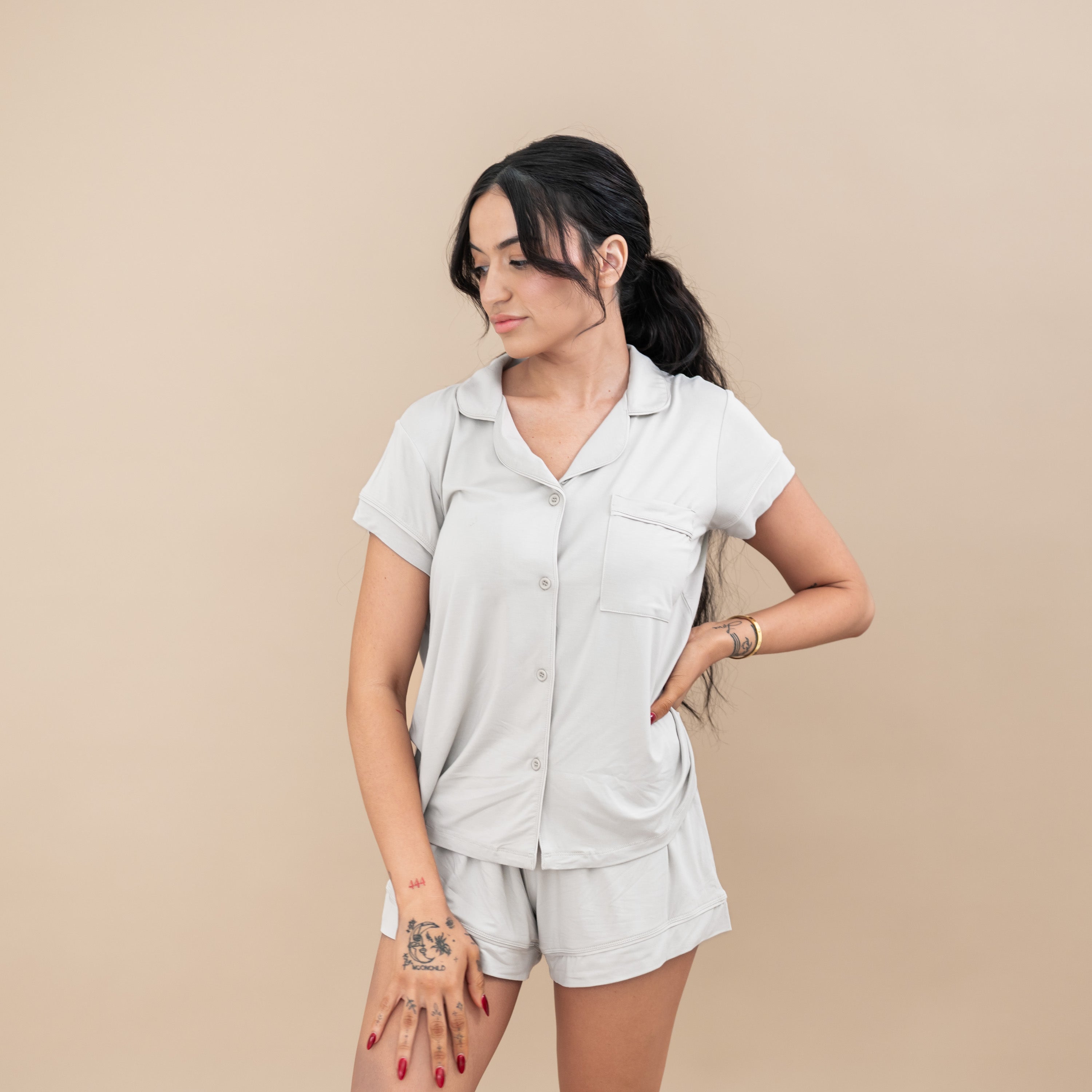 Woman modeling Women’s Short Sleeve Pajama Set in Oat