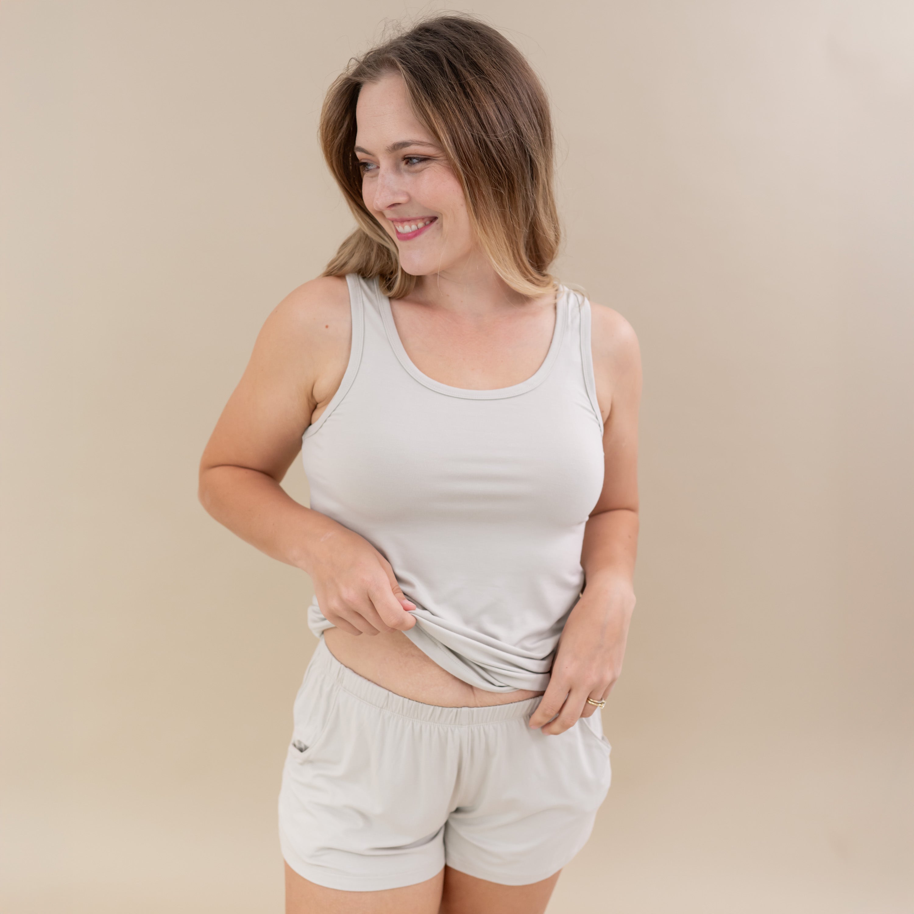 Woman modeling Women’s Tank Set in Oat showing waistband