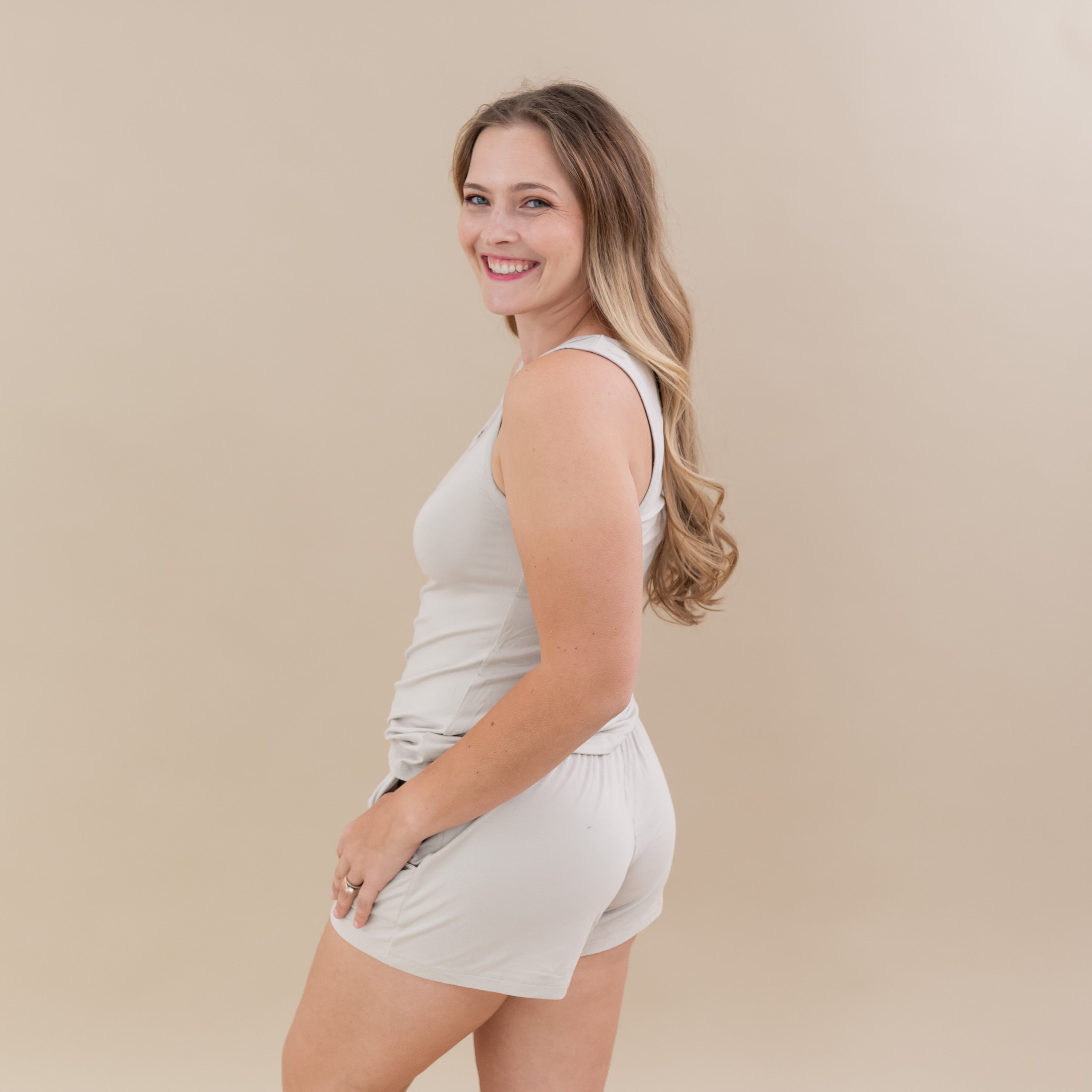 Woman modeling Women’s Tank Set in Oat showing back