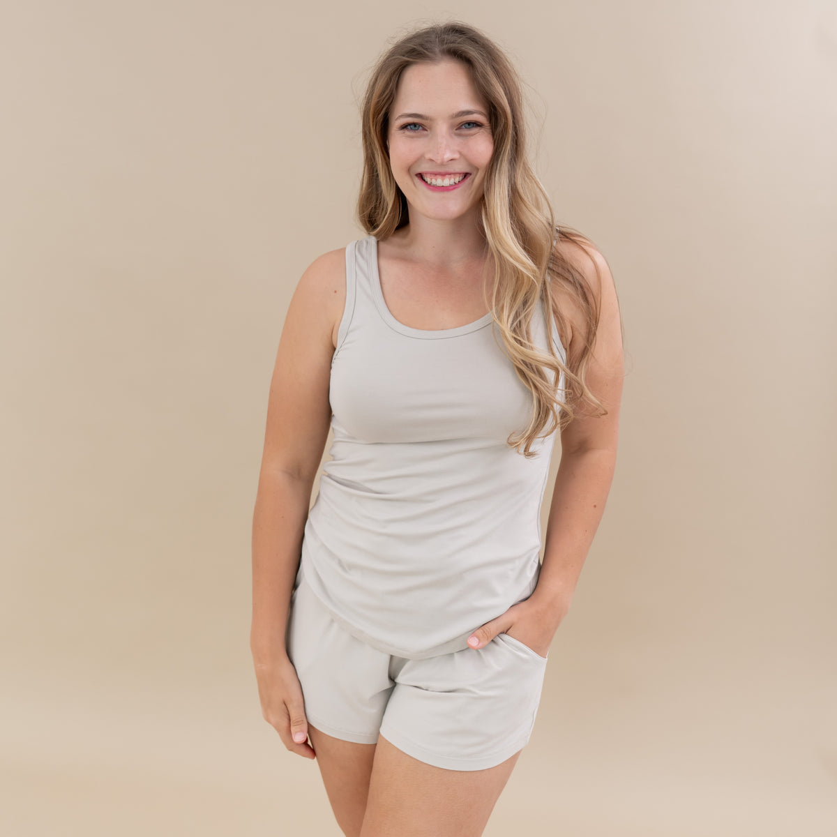 Woman modeling Women’s Tank Set in Oat