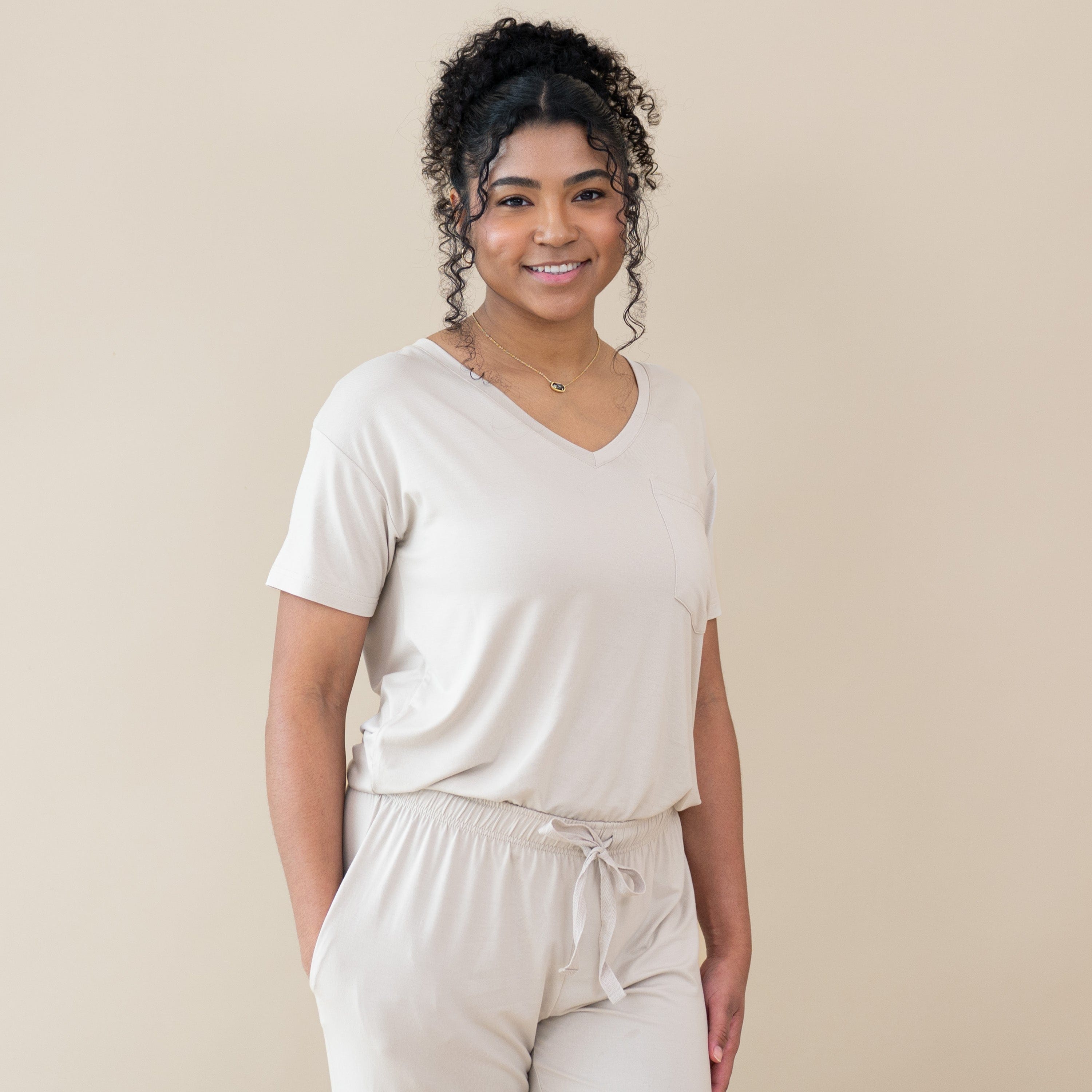 Woman modeling Women’s Relaxed Fit V-Neck in Oat
