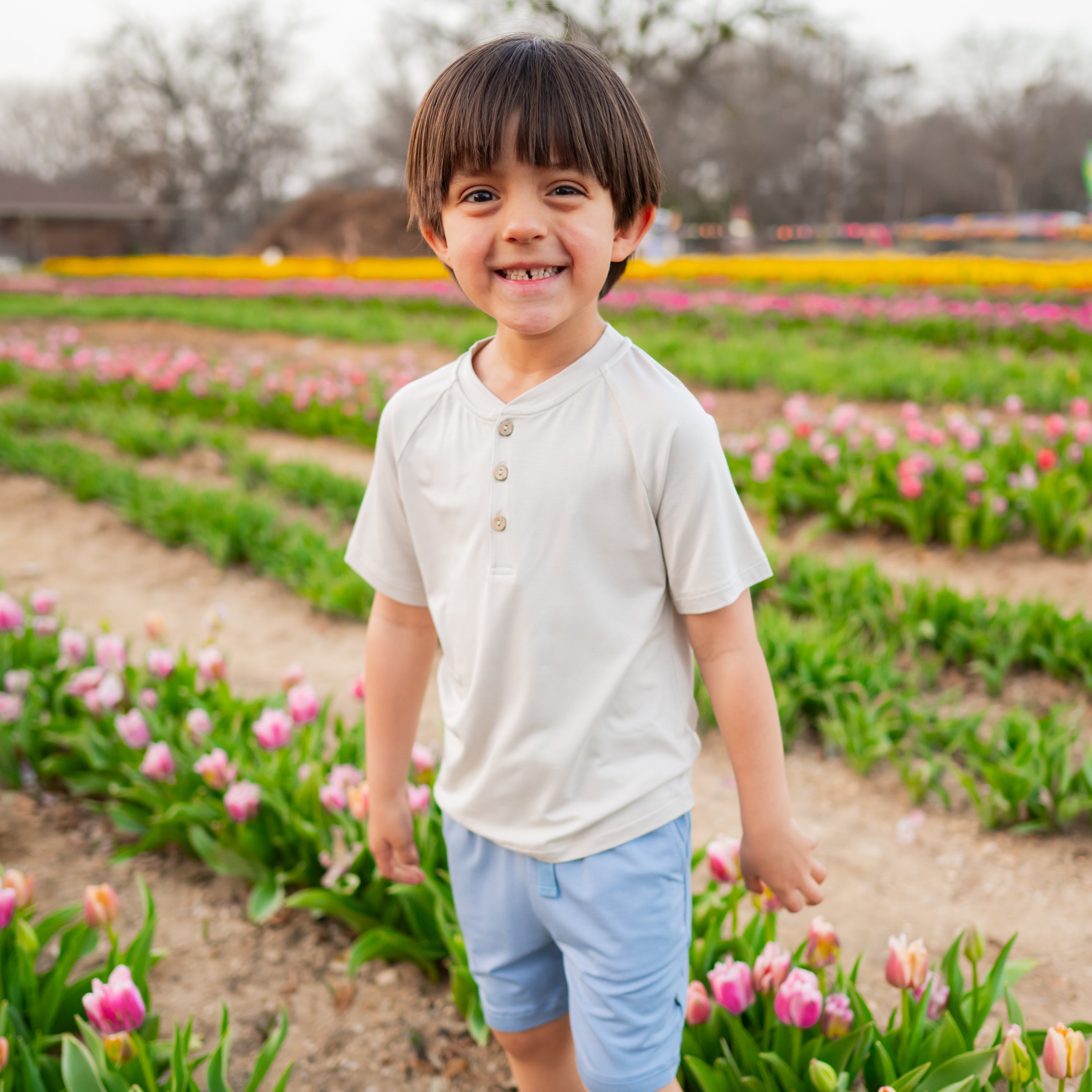 Toddler in Short Sleeve Toddler Henley Tee in Oat and Slate Drawstring Shorts