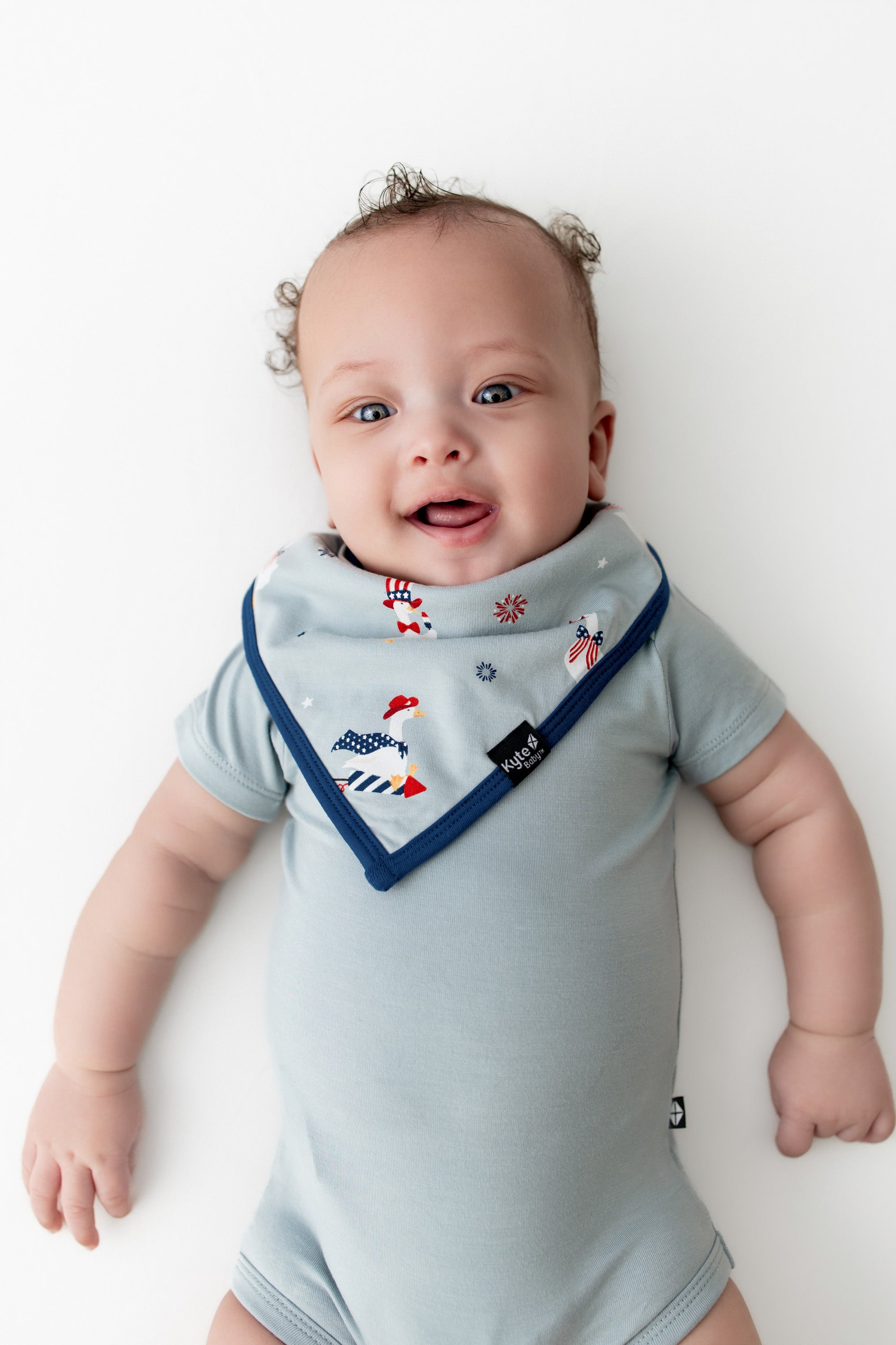 Baby wearing a bib in Patriotic Goose print with navy trim over a light blue bodysuit on a white background