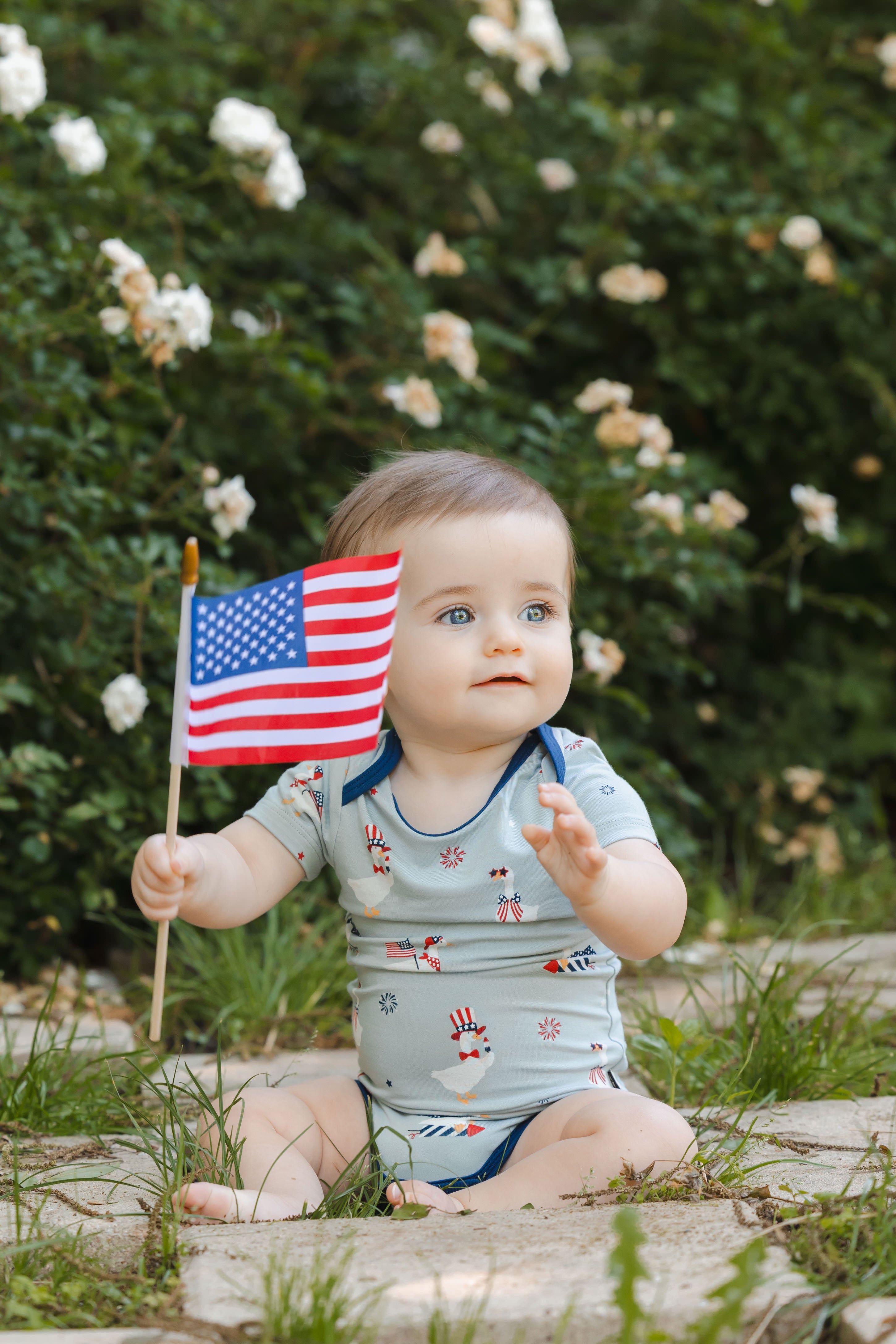 Baby sitting in Patriotic Goose print short sleeve bodysuit holding a flag outdoors