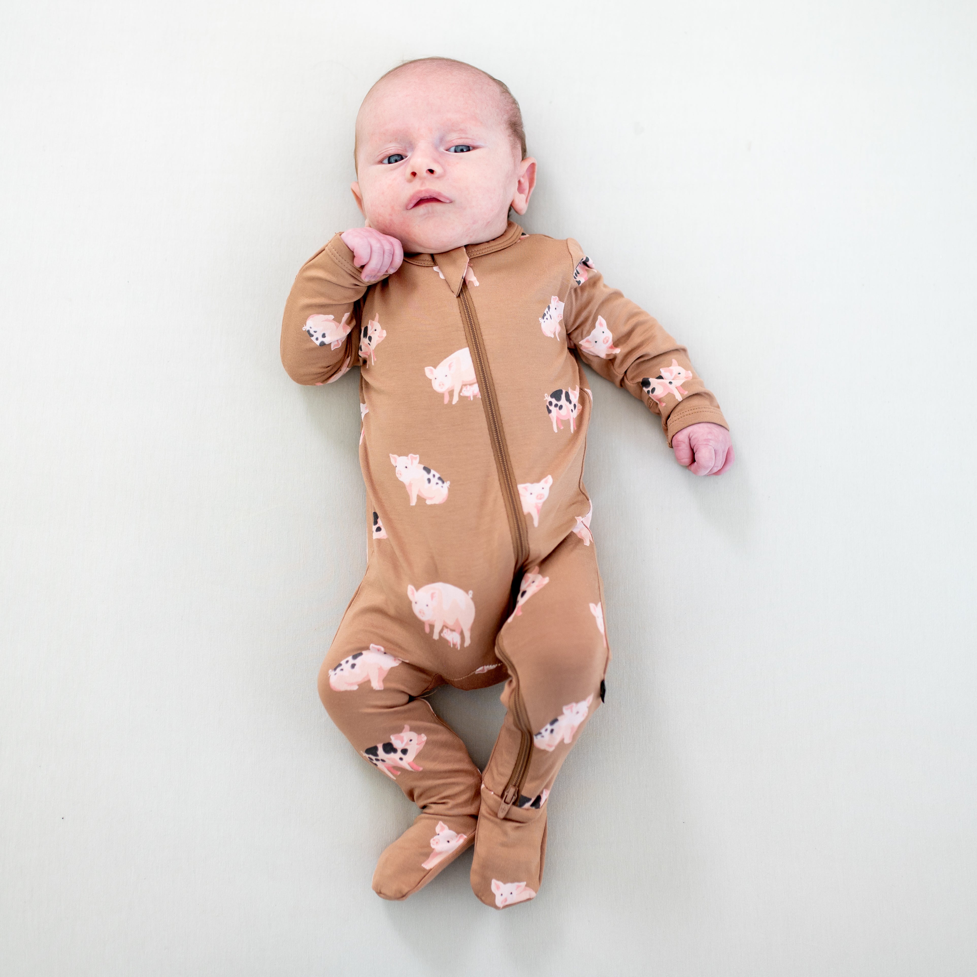 Newborn wearing brown Zippered Footie pajamas in Pig