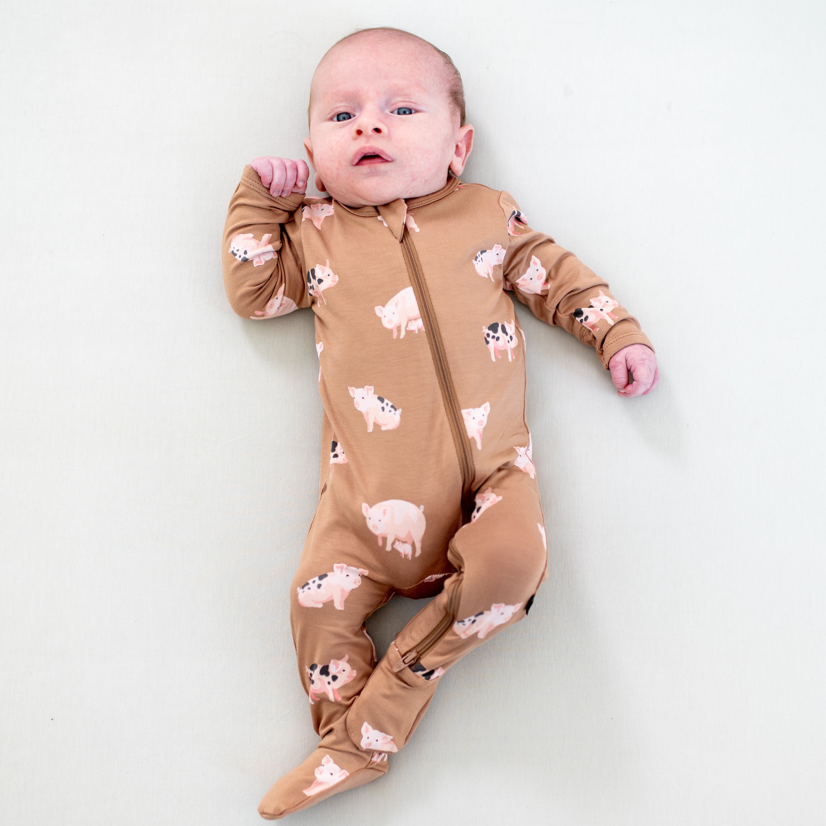 Newborn wearing Zippered Footie pjs in Pig