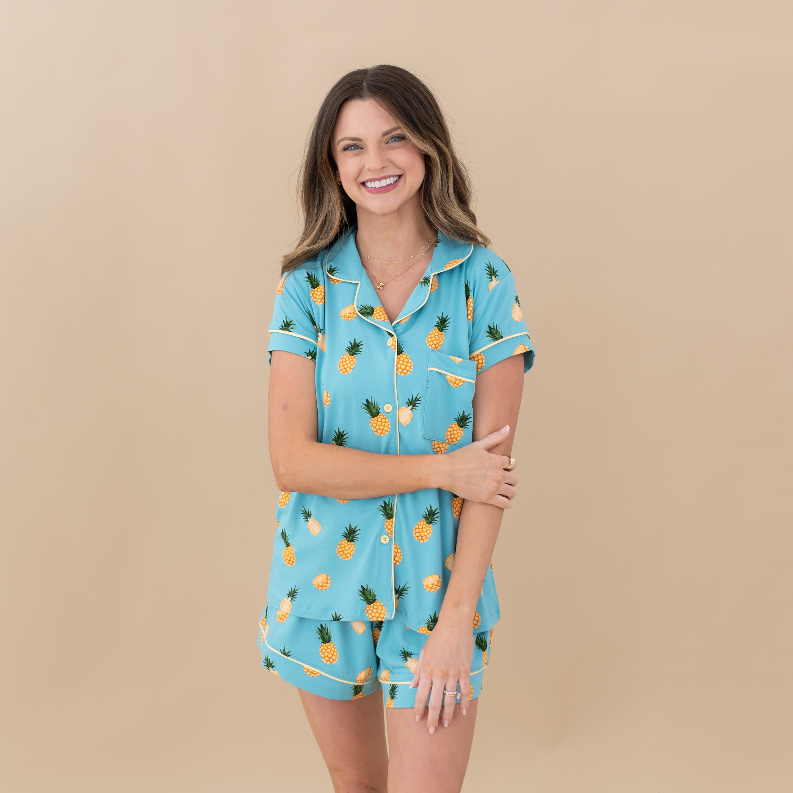 Woman modeling Women’s Short Sleeve Pajama Set in Pineapple