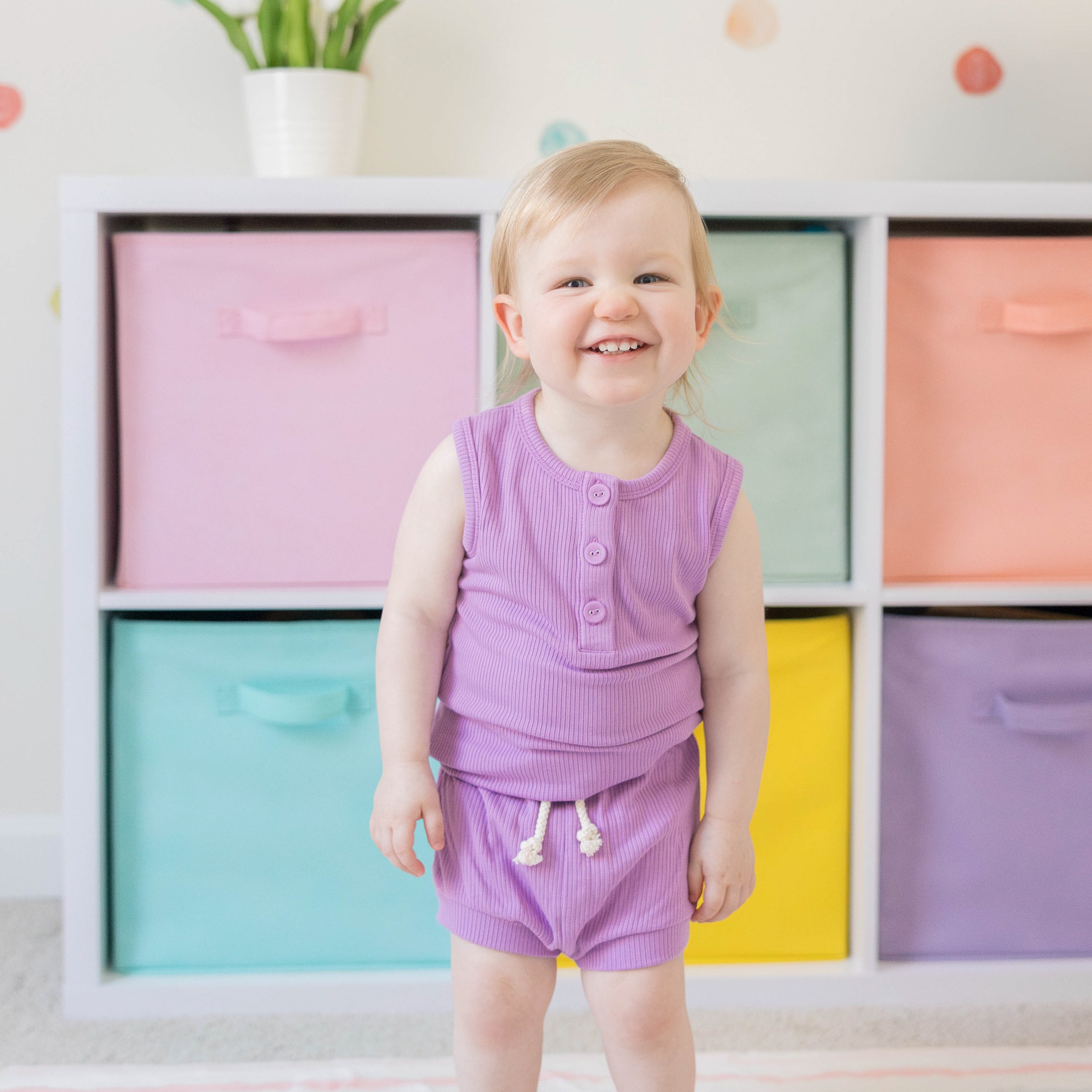 Toddler wearing Ribbed Henley Tank Set in Poi with Wooden Buttons