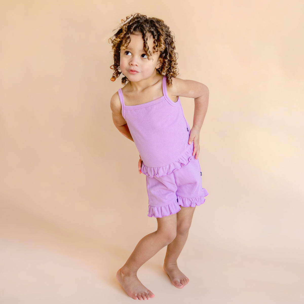 Girl wearing Ribbed Ruffle Tank Set in Poi