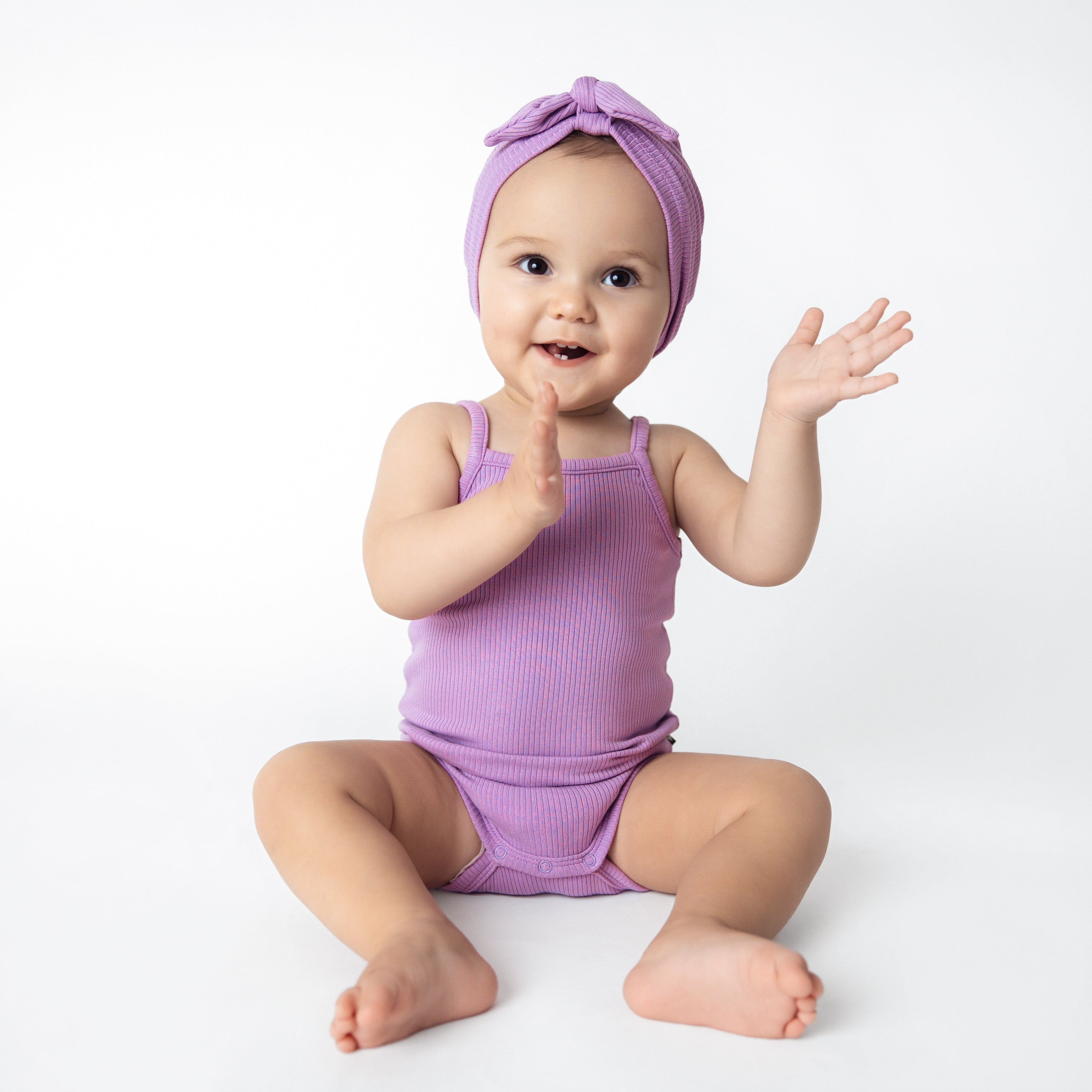 Baby wearing Ribbed Spaghetti Strap Bodysuit in Poi with Matching Headwrap