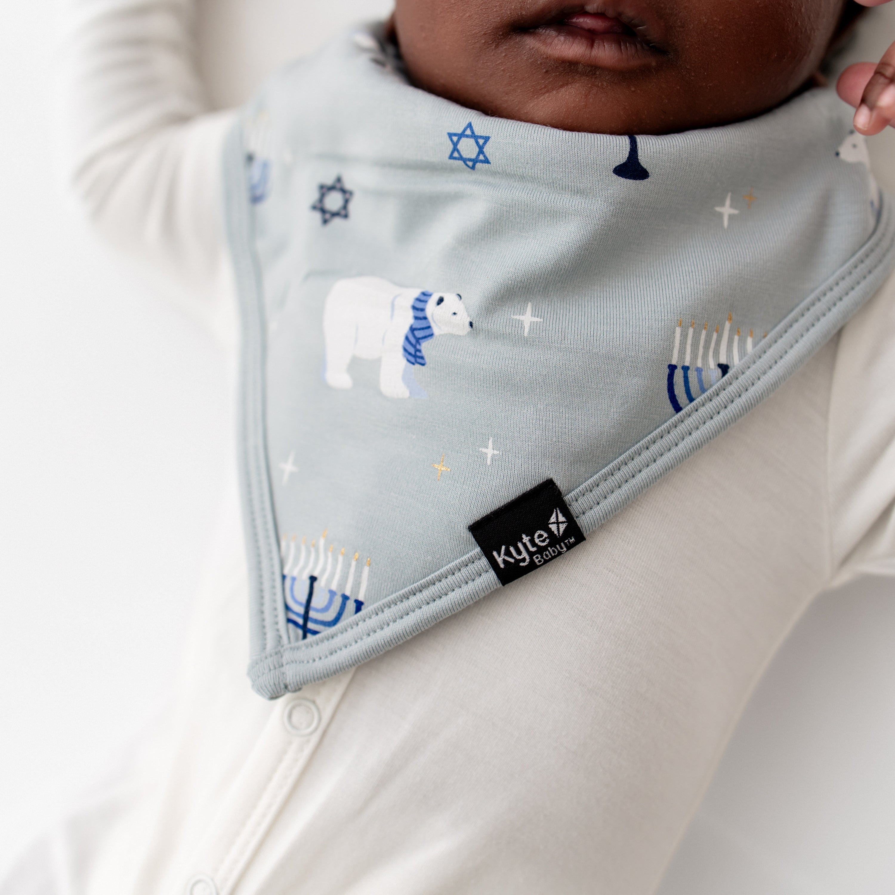 Close up of the Bib in Polar Lights shown on an infant model