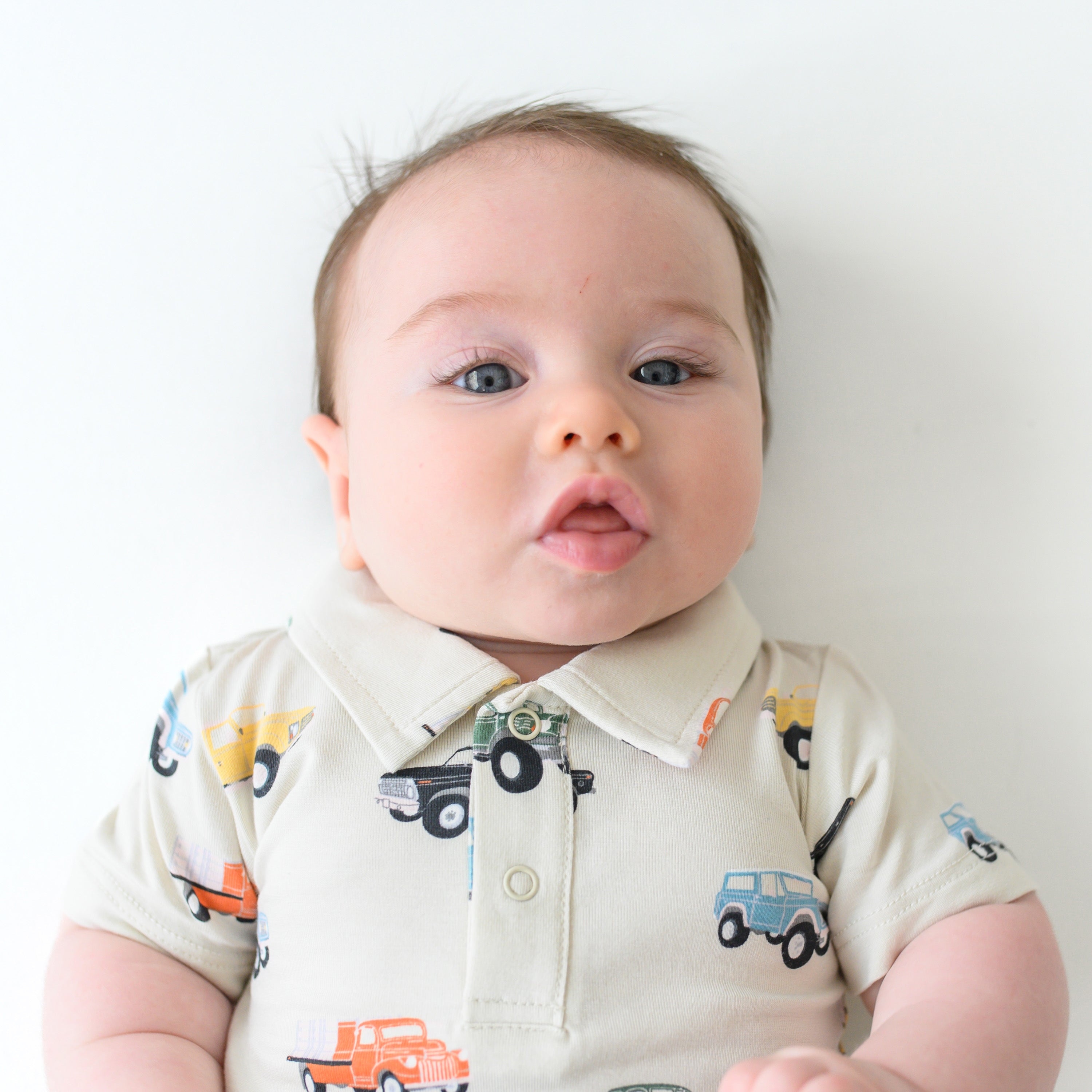 Button Placket on Polo Shortall in Vintage Truck