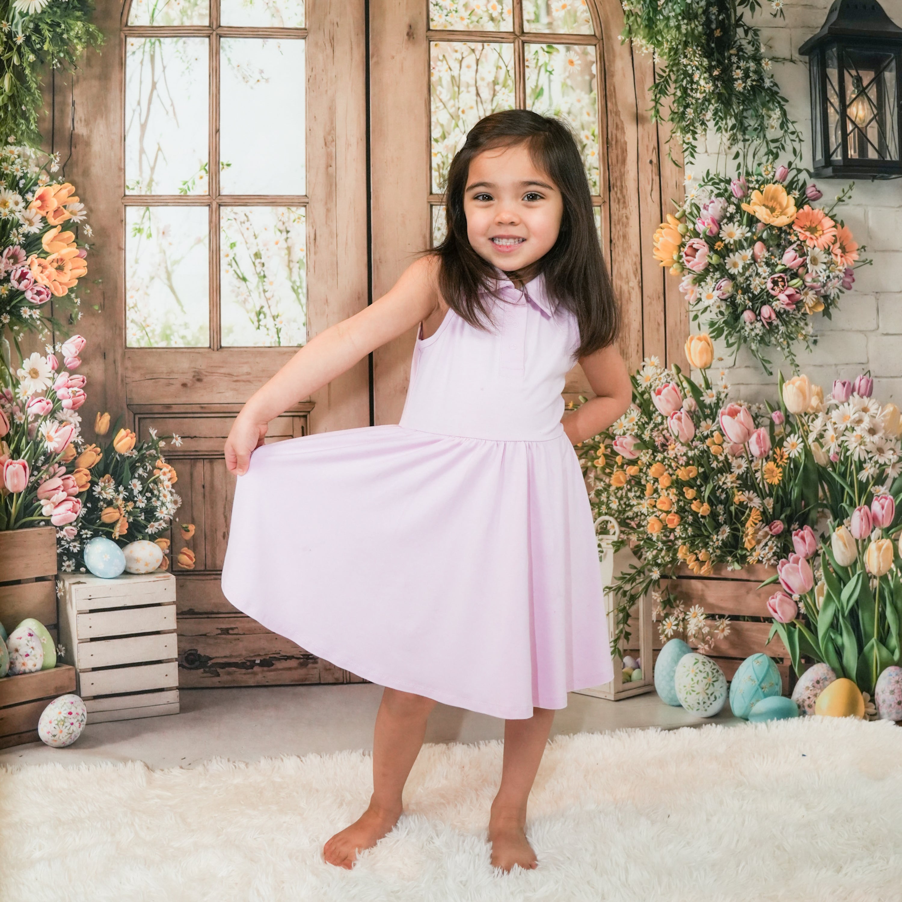 Young girl posing in front of flowers and a wooden window frame wearing the Polo Bodysuit Dress in Thistle