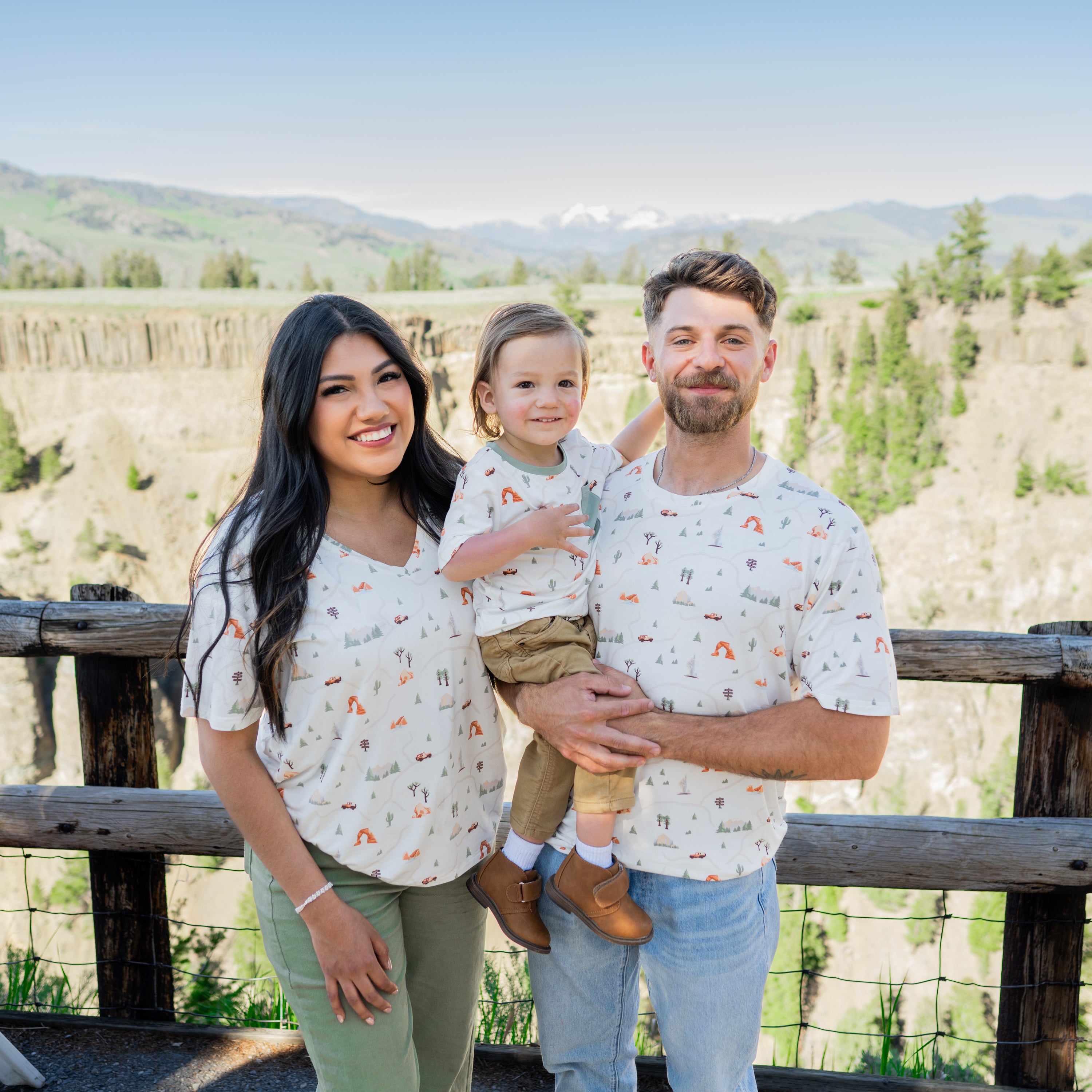Family in matching Road Trip print t-shirts