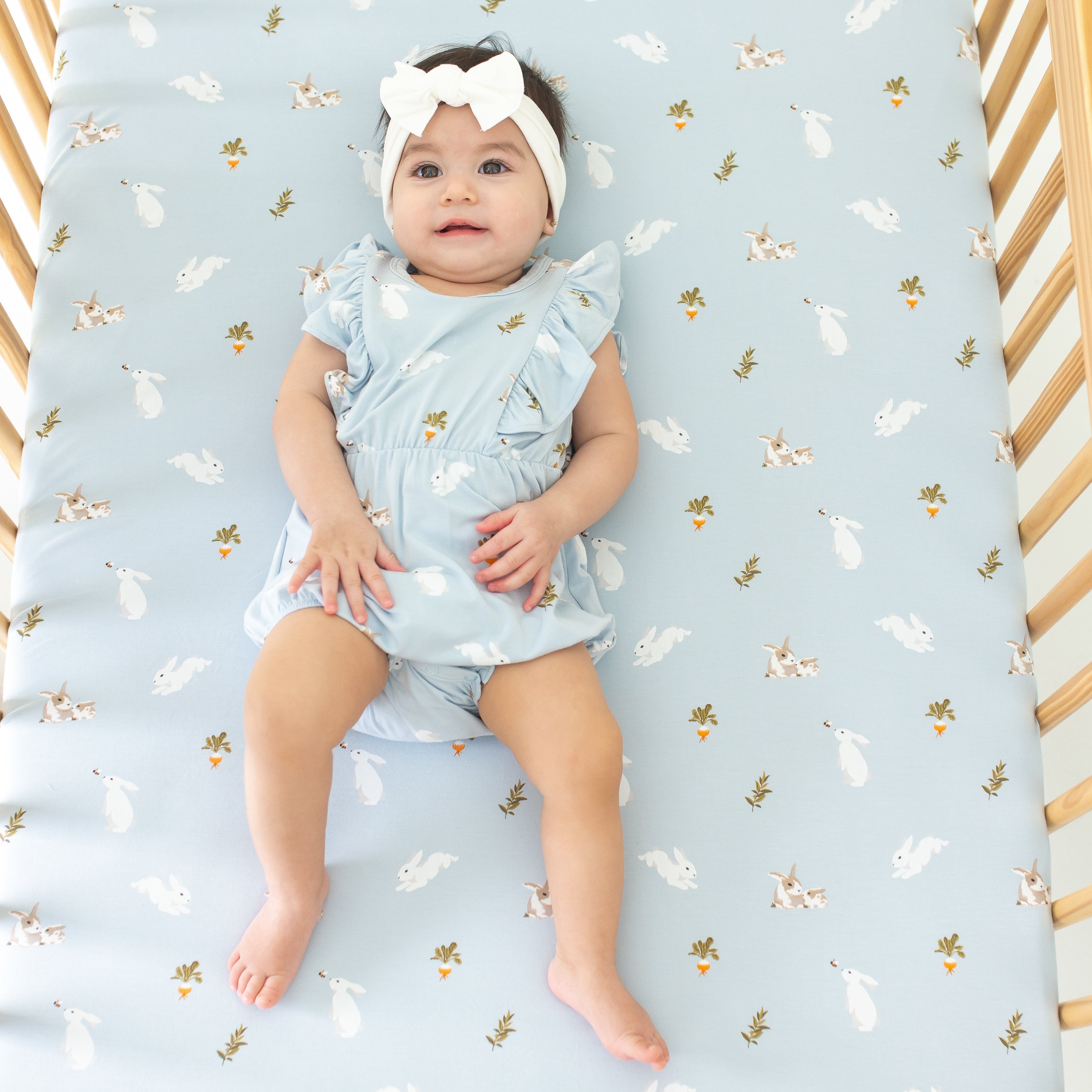 Baby in Bubble Romper in Ice Rabbit with Cloud bow