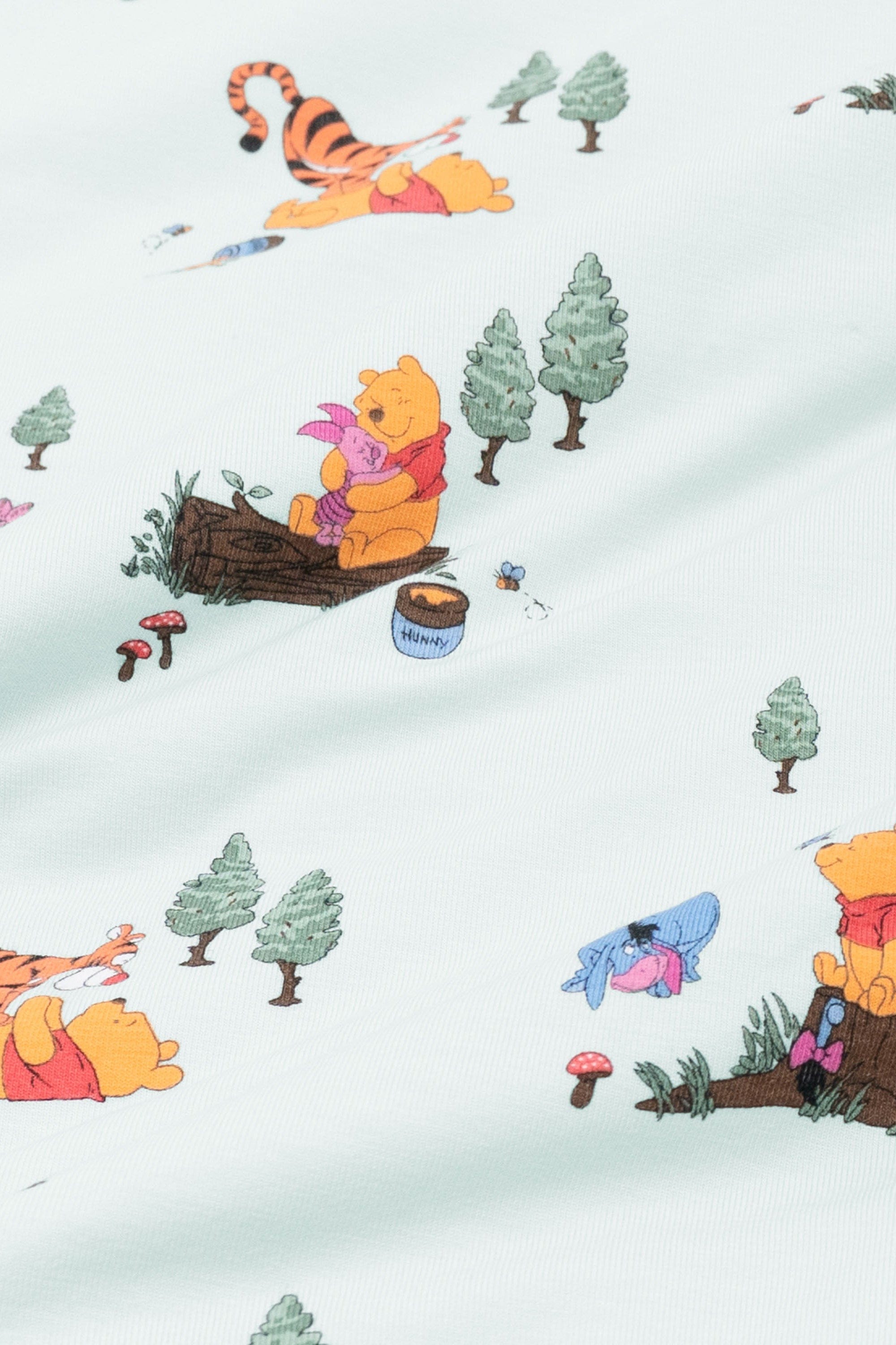 Close up of fabric swatch of the Winnie the Pooh Hundred Acre Wood showing the book characters on a light green background