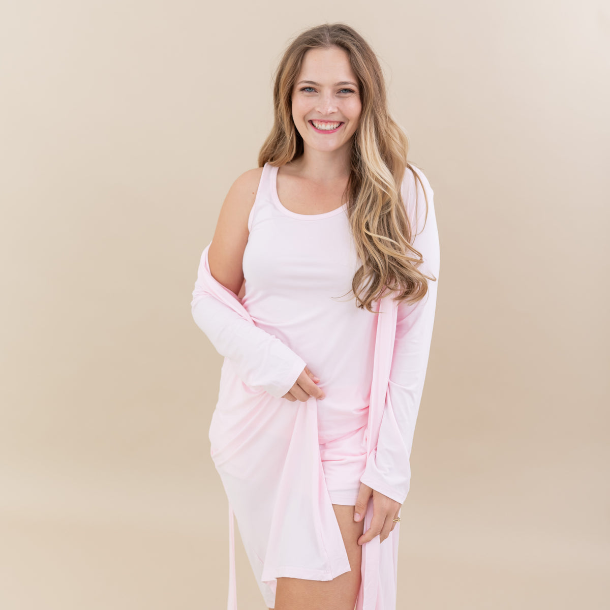 Woman modeling Women’s Lounge Robe in Sakura with matching tank set