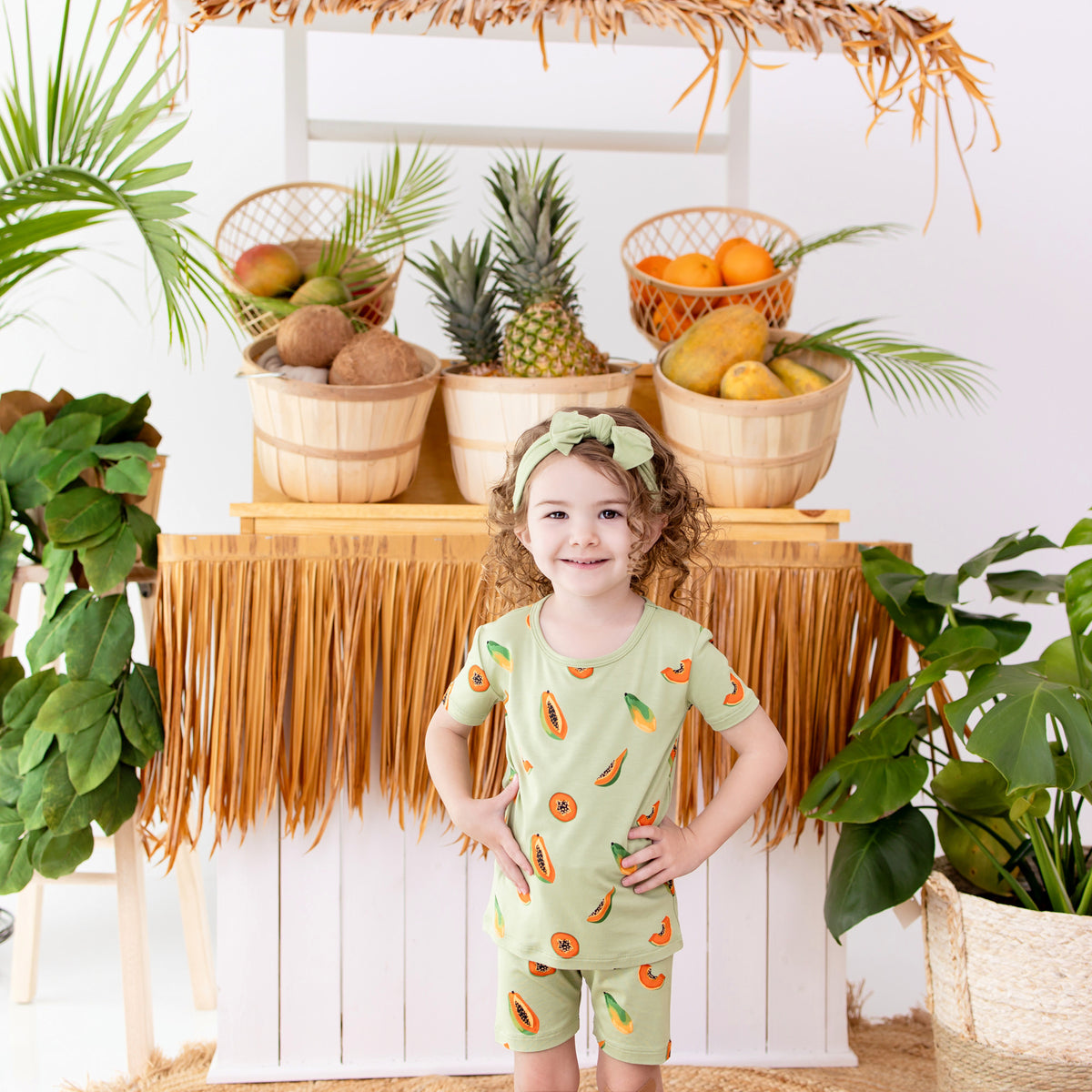 Toddler wearing Short Sleeve Pajamas in Papaya fruit