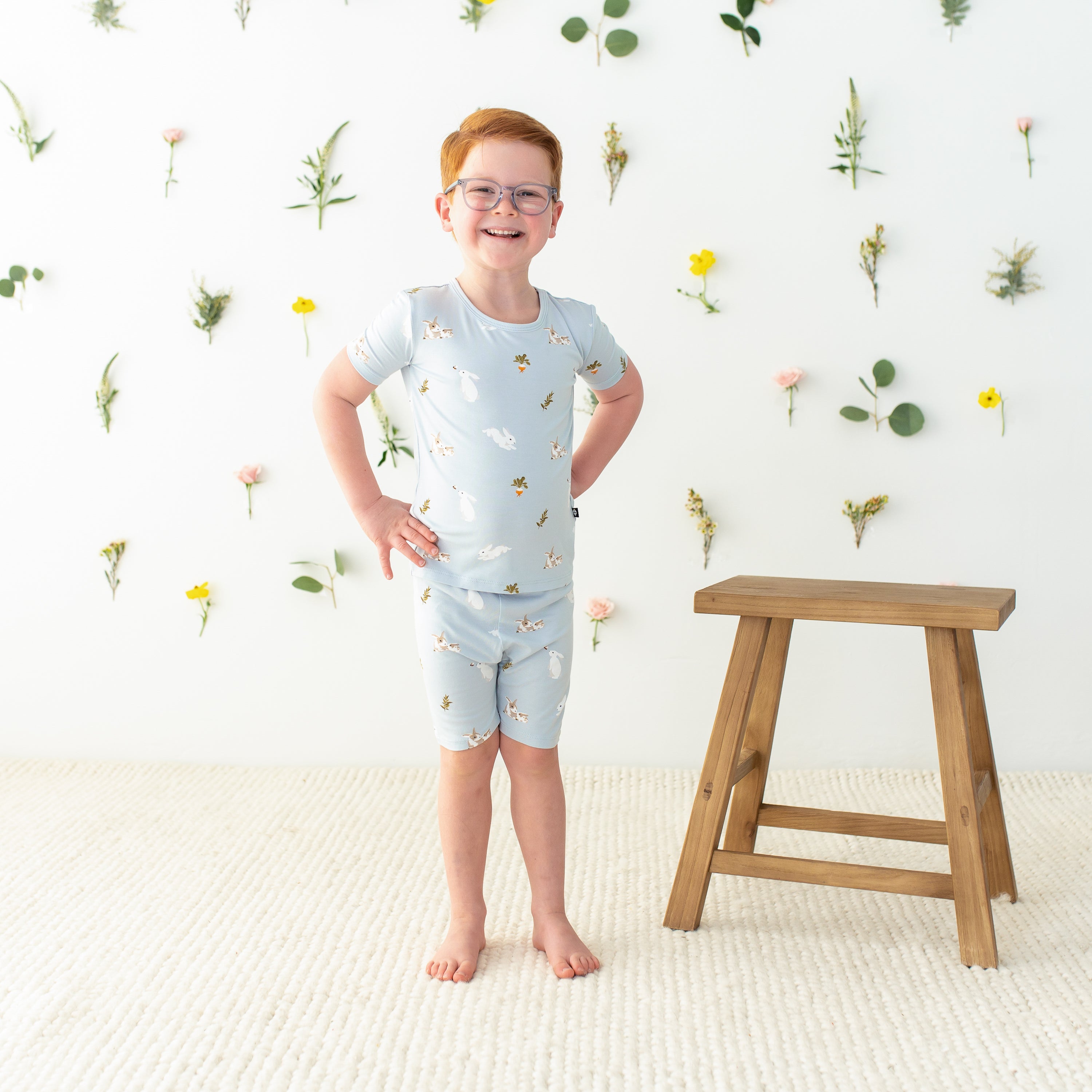 Boy wearing Short Sleeve Bamboo Pajamas in Ice Rabbit