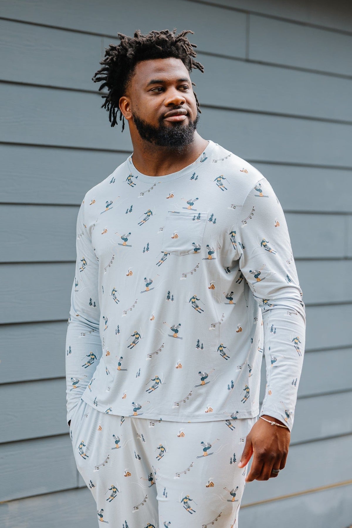 Close up of the shirt shown on a male model wearing the Men's Jogger Set in Ski