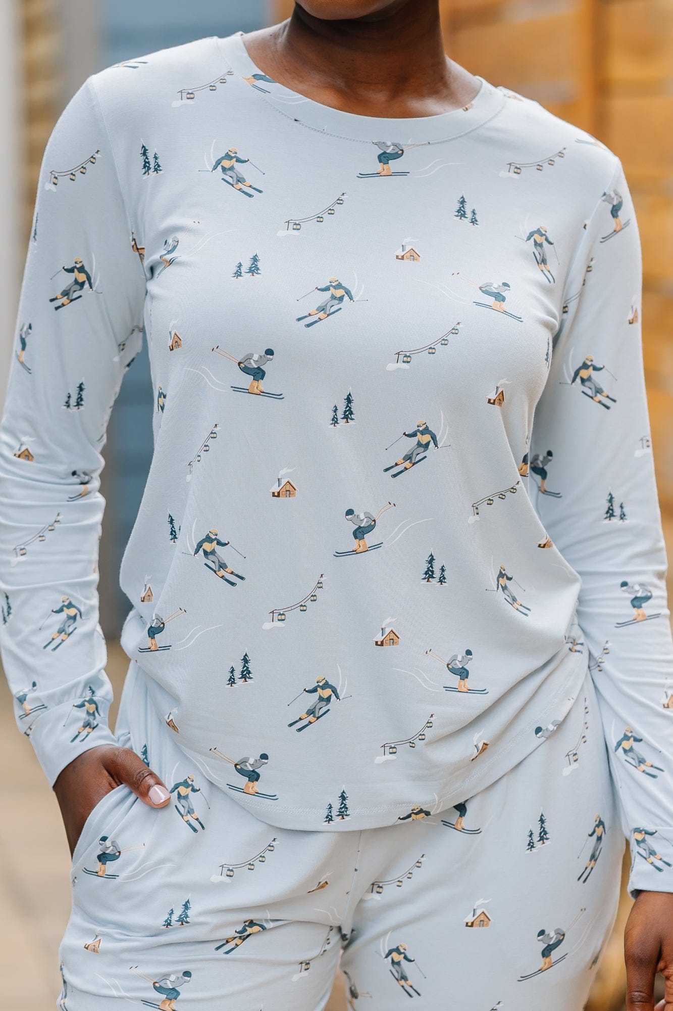 Close up of the shirt of the Women's Jogger Pajama Set in Ski shown on a model