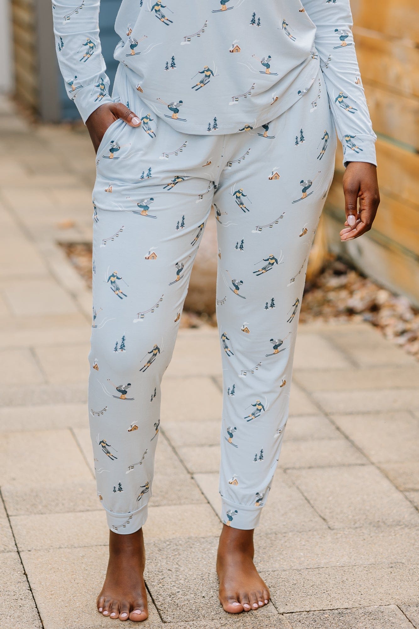 The pants of the Women's Jogger Pajama Set in Ski shown on a model