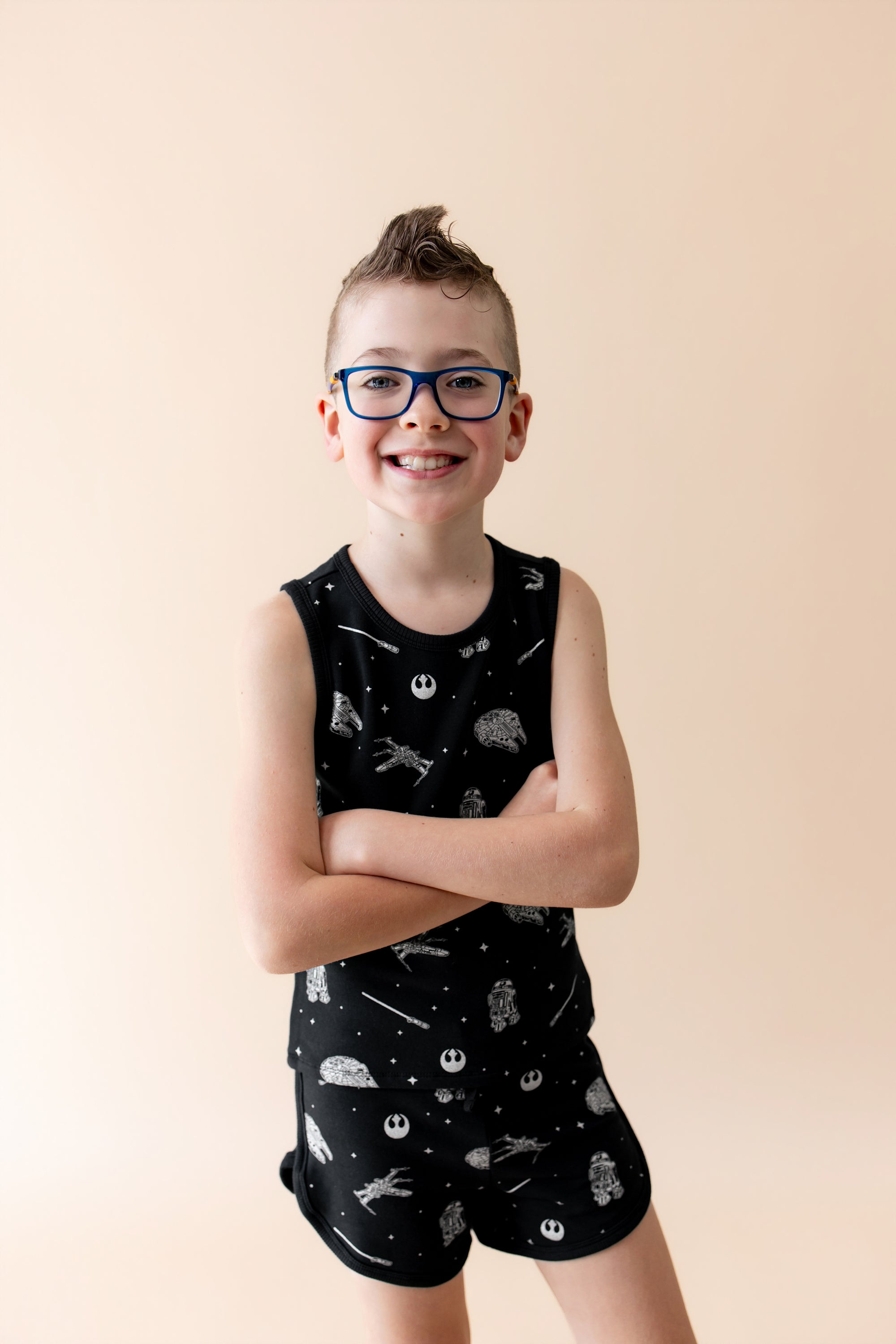 Close up of young boy modeling the Tank Jogger Set in STAR WARS™