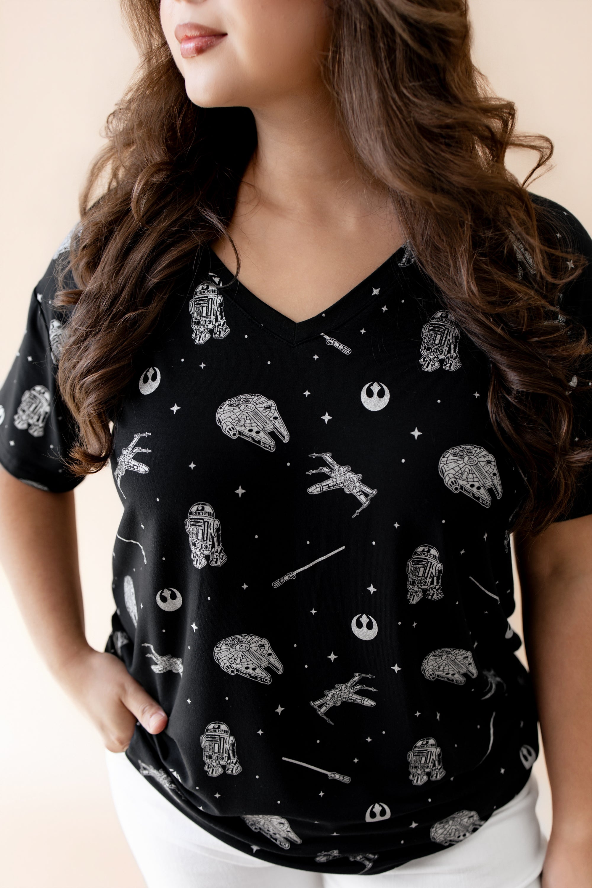 Close up of the Women's Relaxed Fit V-Neck in STAR WARS™ shown on a female model